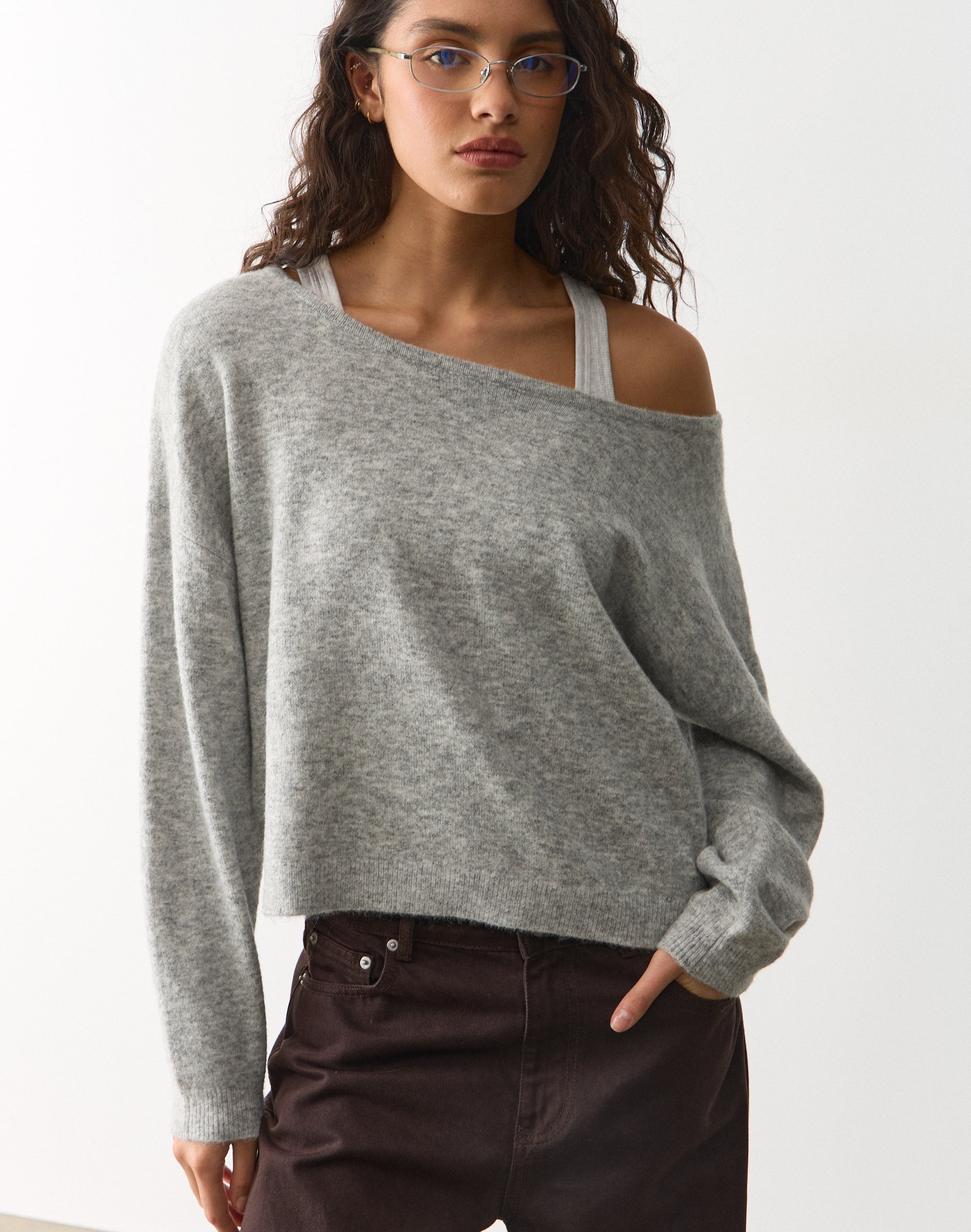 Off Shoulder Knit Long Sleeve in Pale Grey Marle | Glassons AU