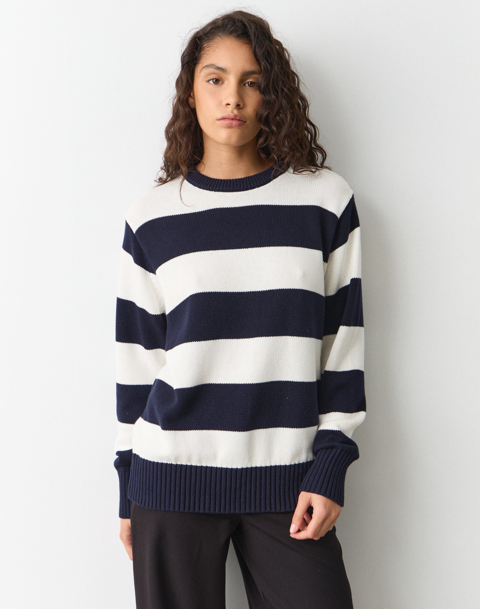 Cotton Crew Neck Long Sleeve Knit in Odette Navy Milk Stripe Cotton Crew Neck Long Sleeve Knit in Odette Navy Milk Stripe