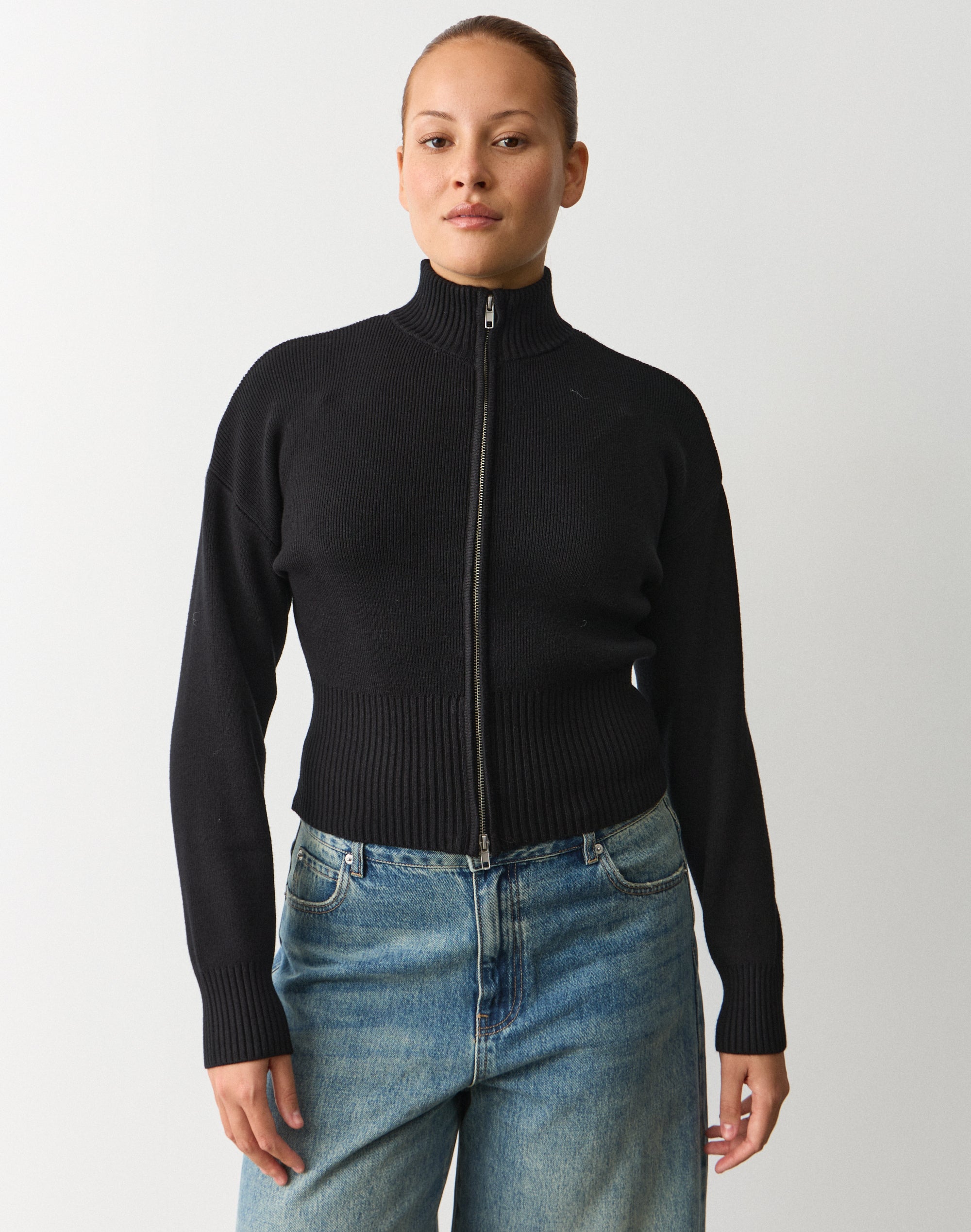 Funnel Neck Zip Through Knit in Black | Glassons AU