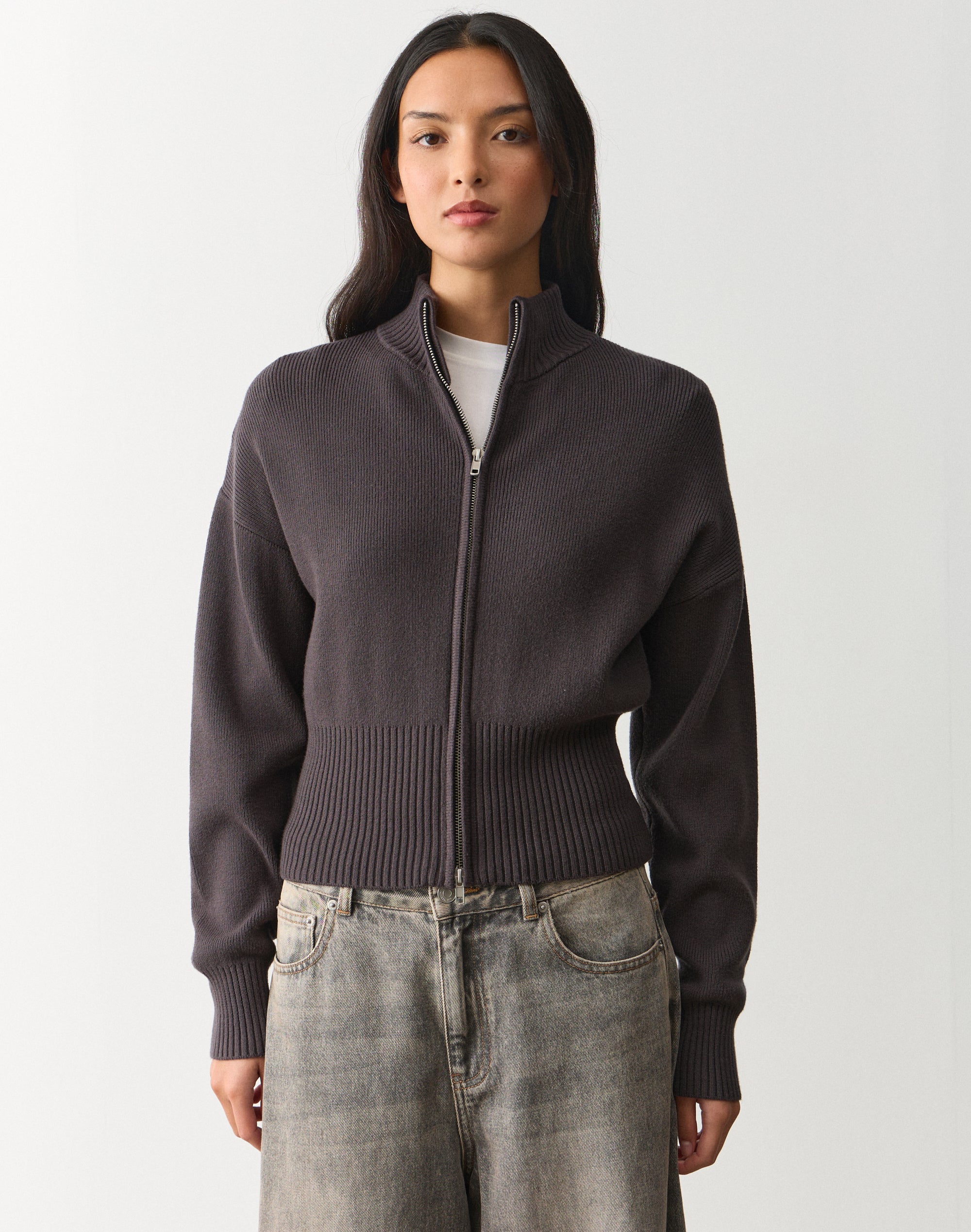 Funnel Neck Zip Through Knit in Charcoal | Glassons US