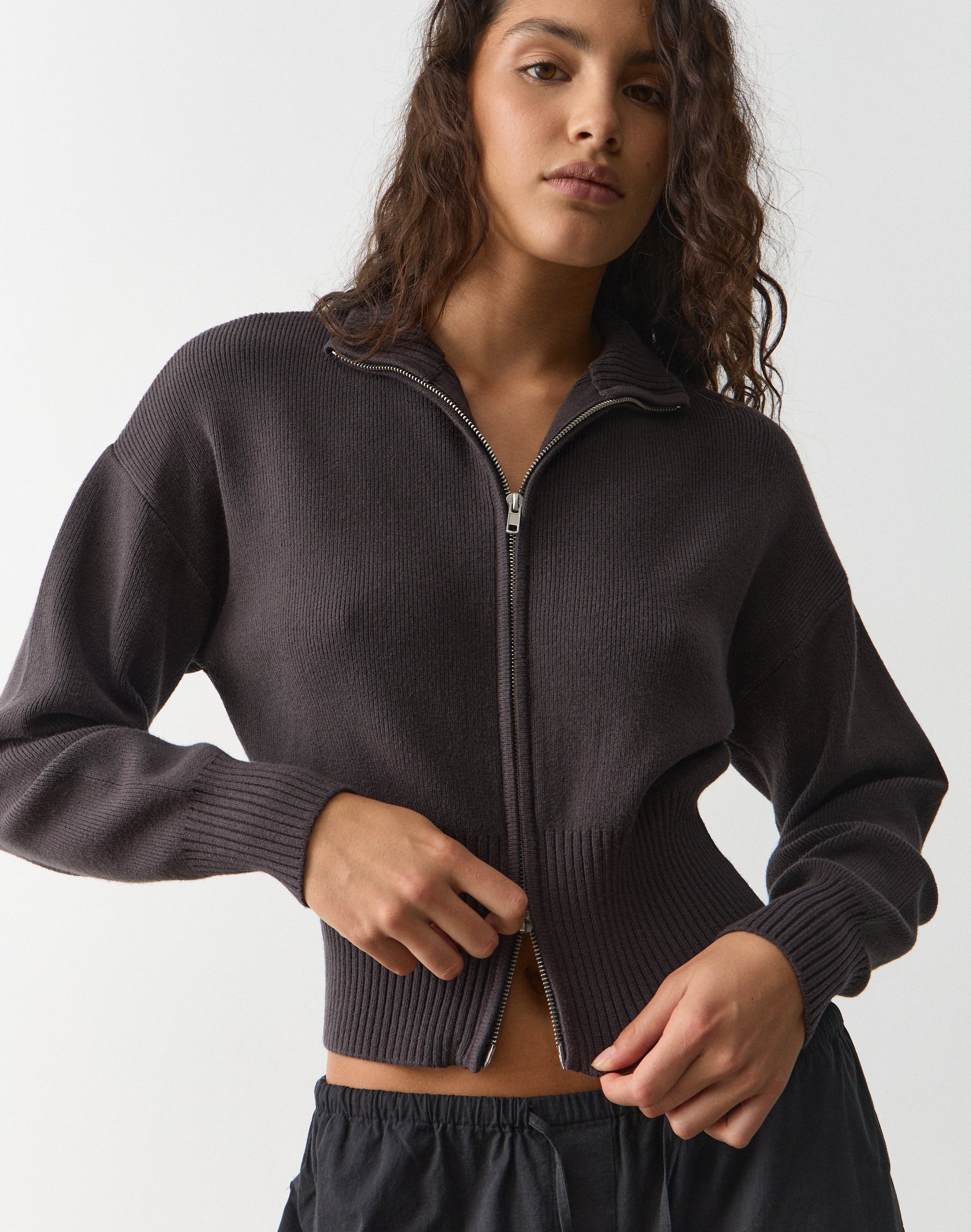 Funnel Neck Zip Through Knit in Charcoal | Glassons US