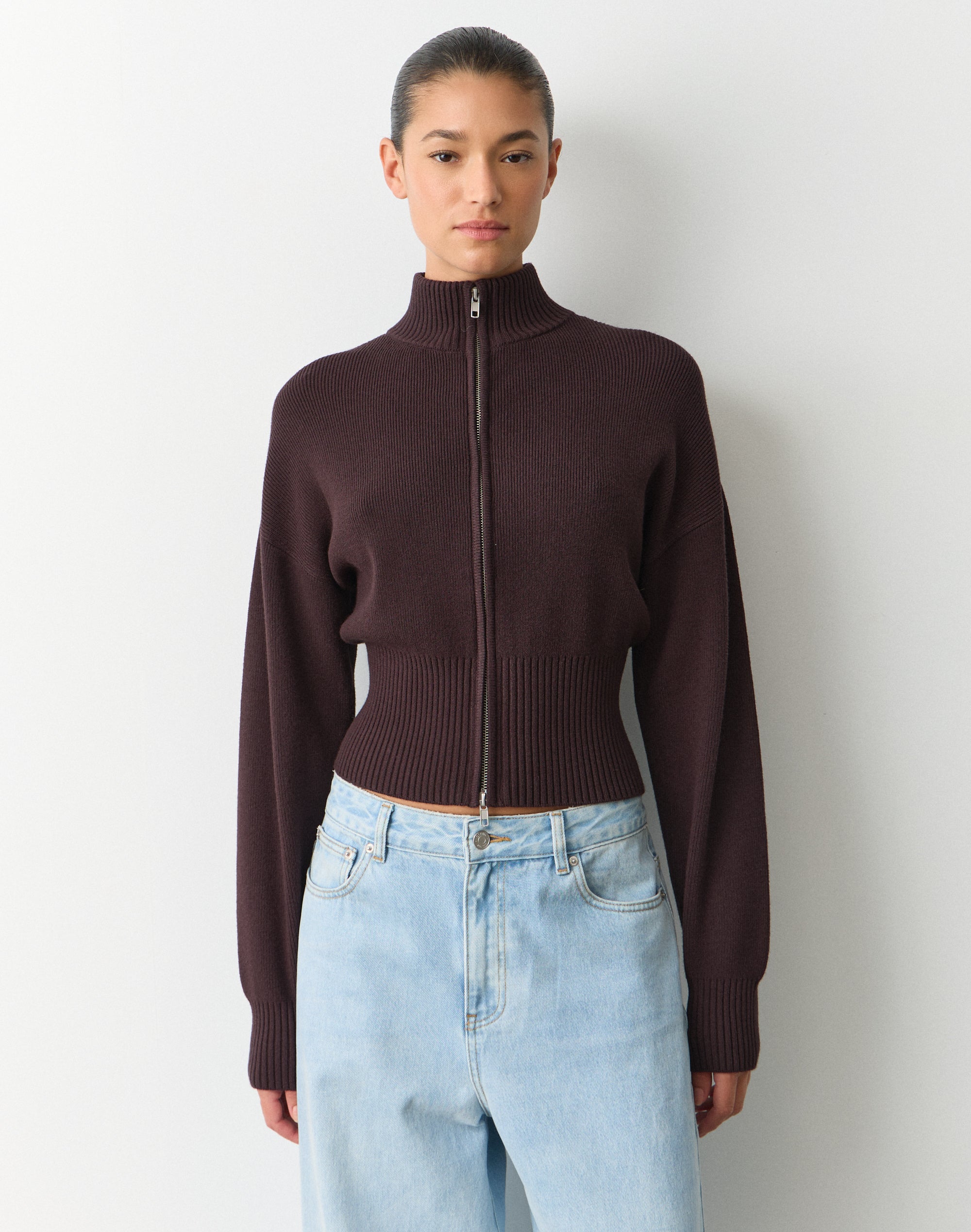 Funnel Neck Zip Through Knit in Choc It Up | Glassons US