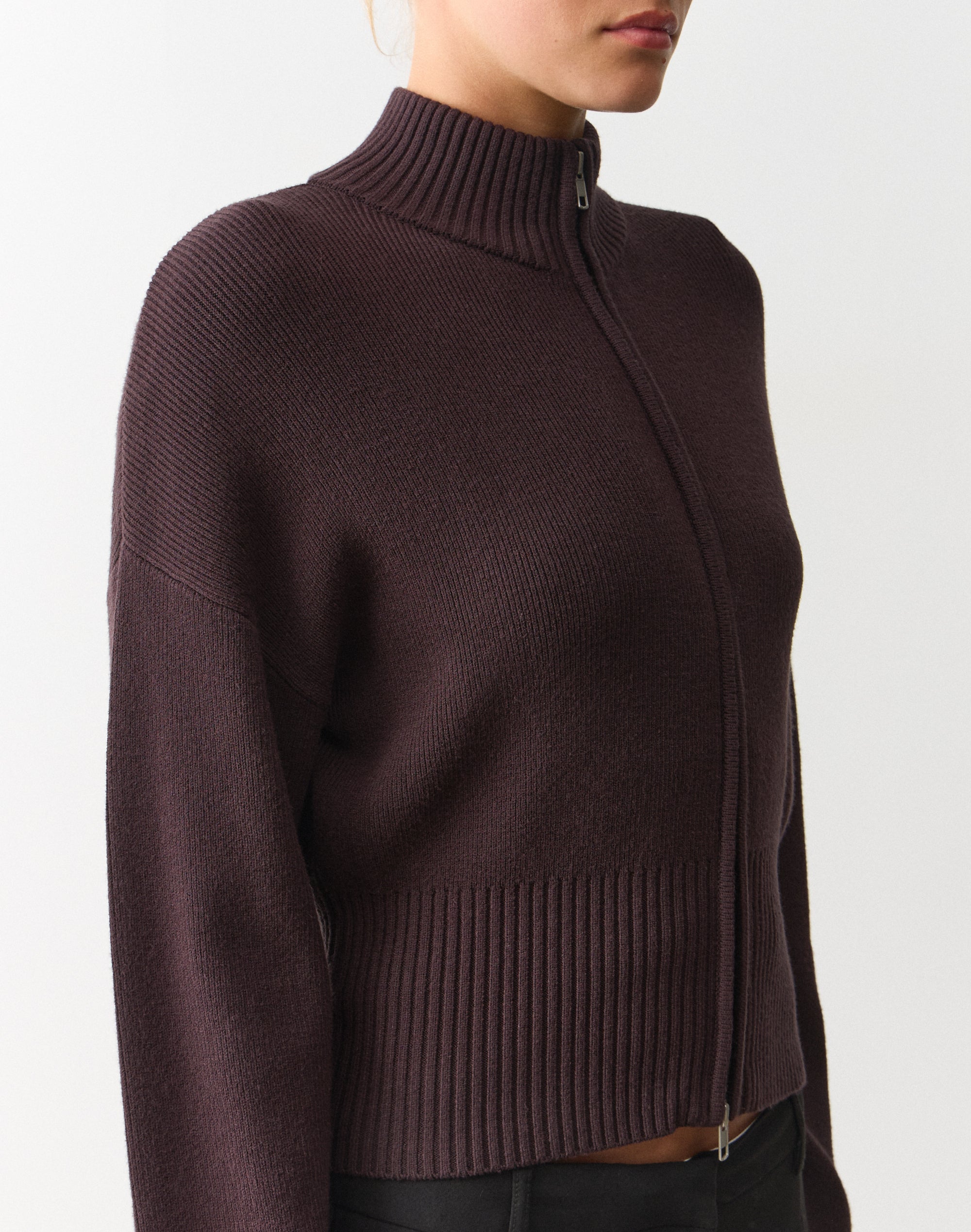 Funnel Neck Zip Through Knit in Choc It Up | Glassons US