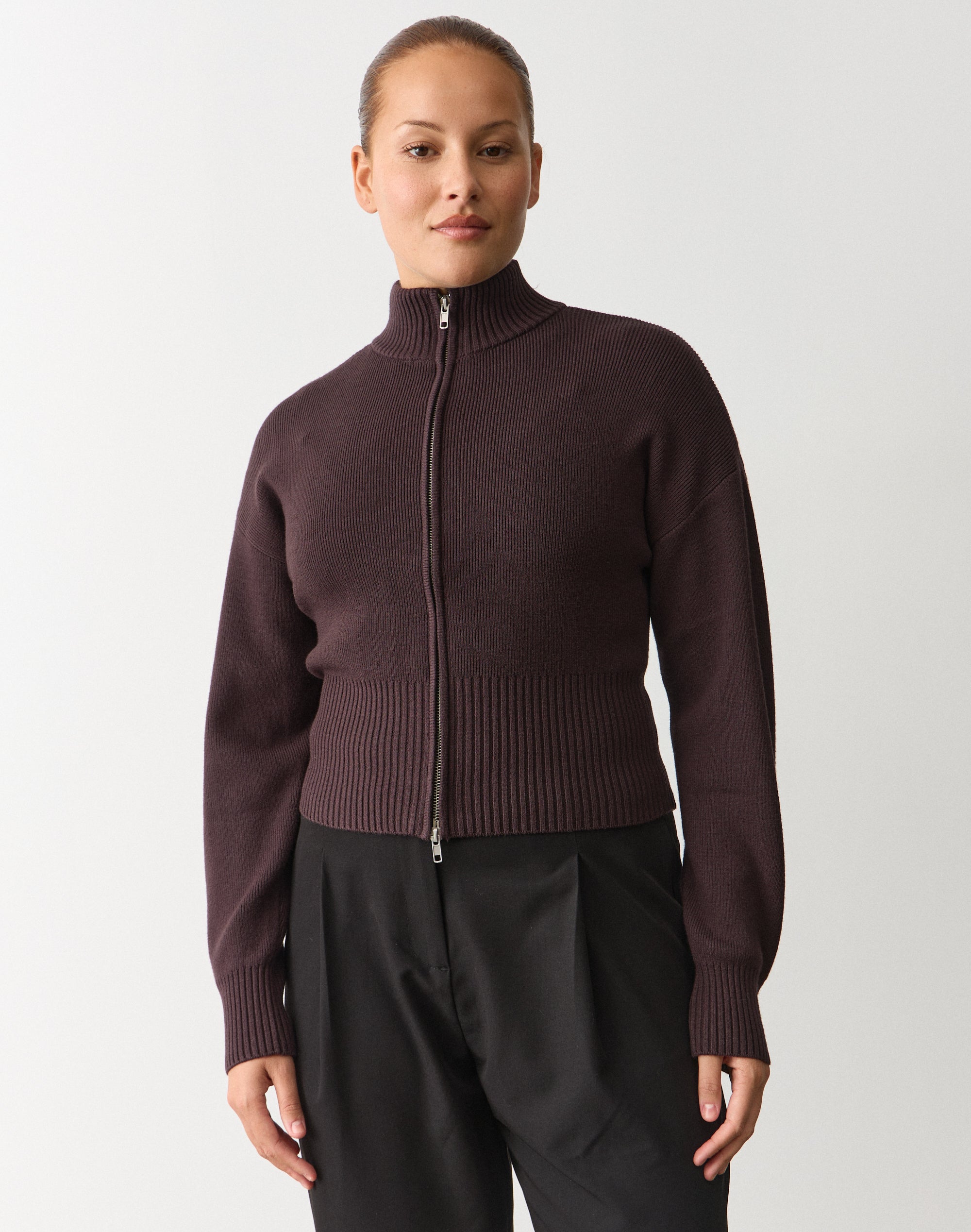 Funnel Neck Zip Through Knit in Choc It Up | Glassons AU