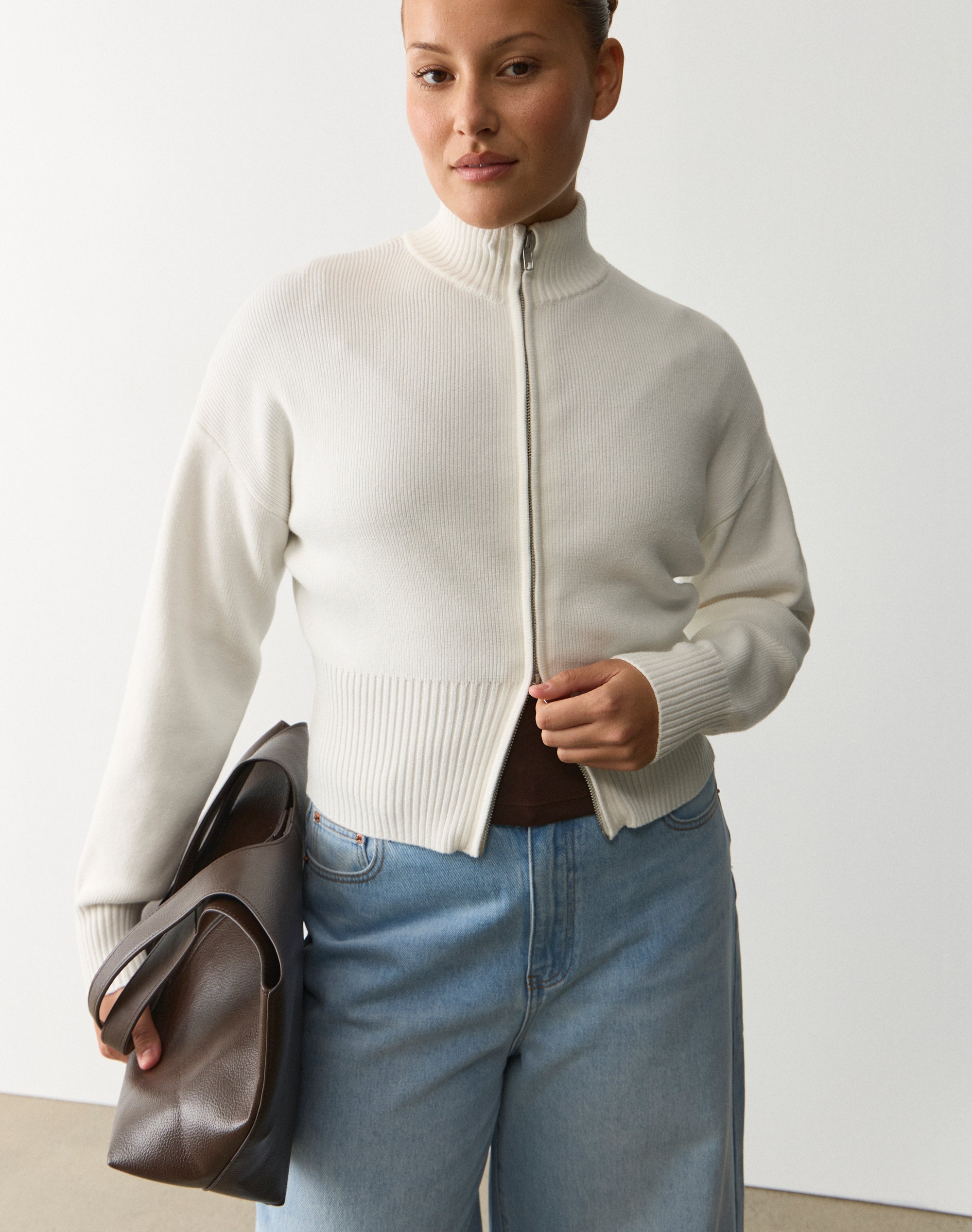 Funnel Neck Zip Through Knit in Milk | Glassons US