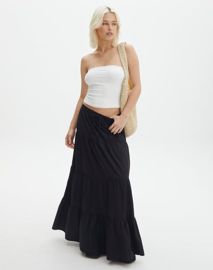Cotton Mid Rise Tiered Maxi Skirt in Black | Glassons
