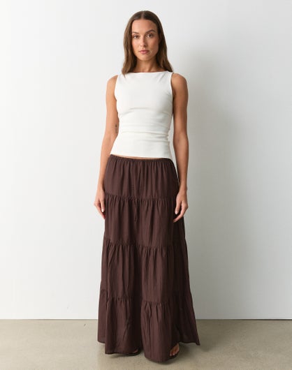 Low Rise Tiered Maxi Skirt in Fudge Fantasy | Glassons