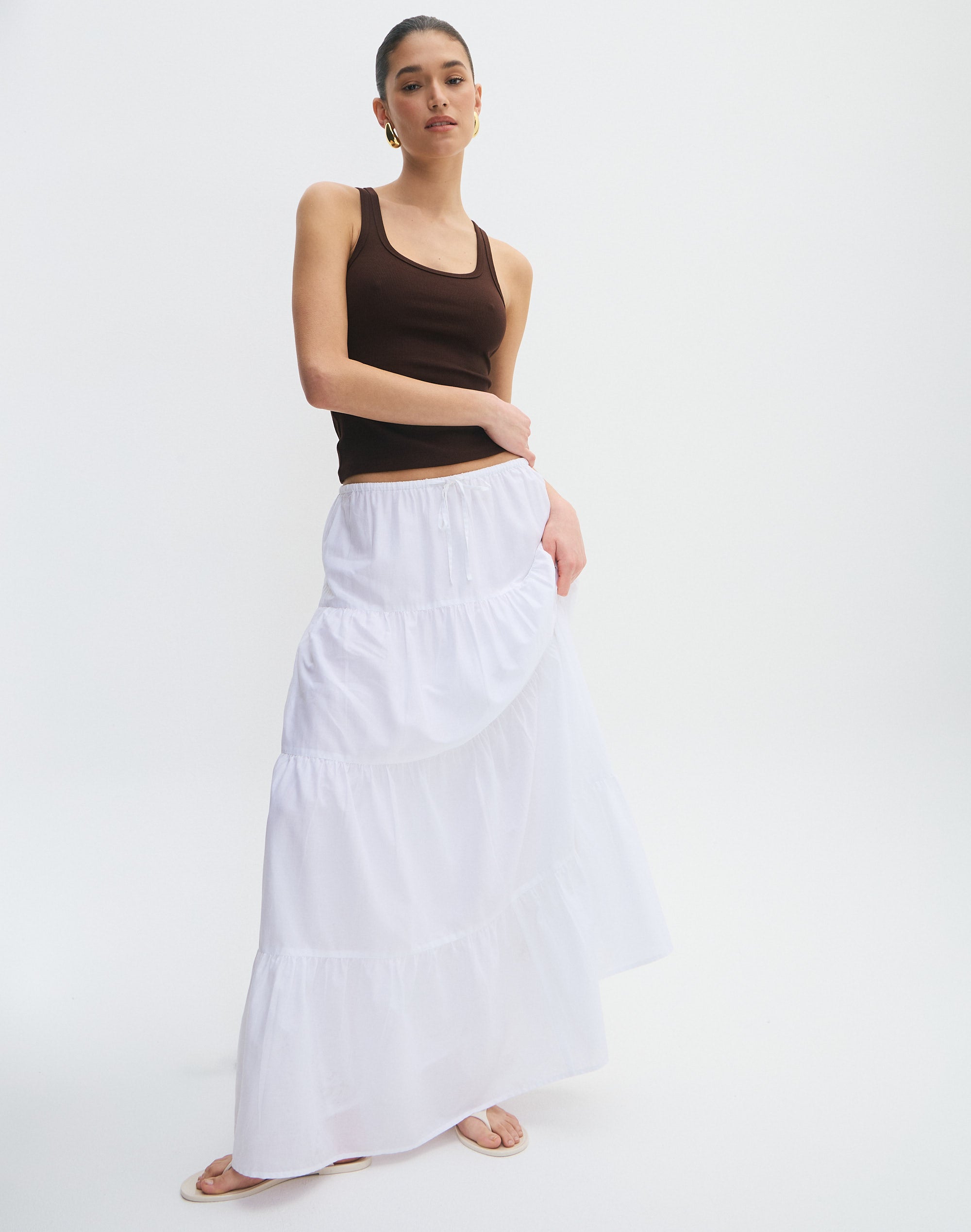 Low Rise Tiered Maxi Skirt in White Glassons