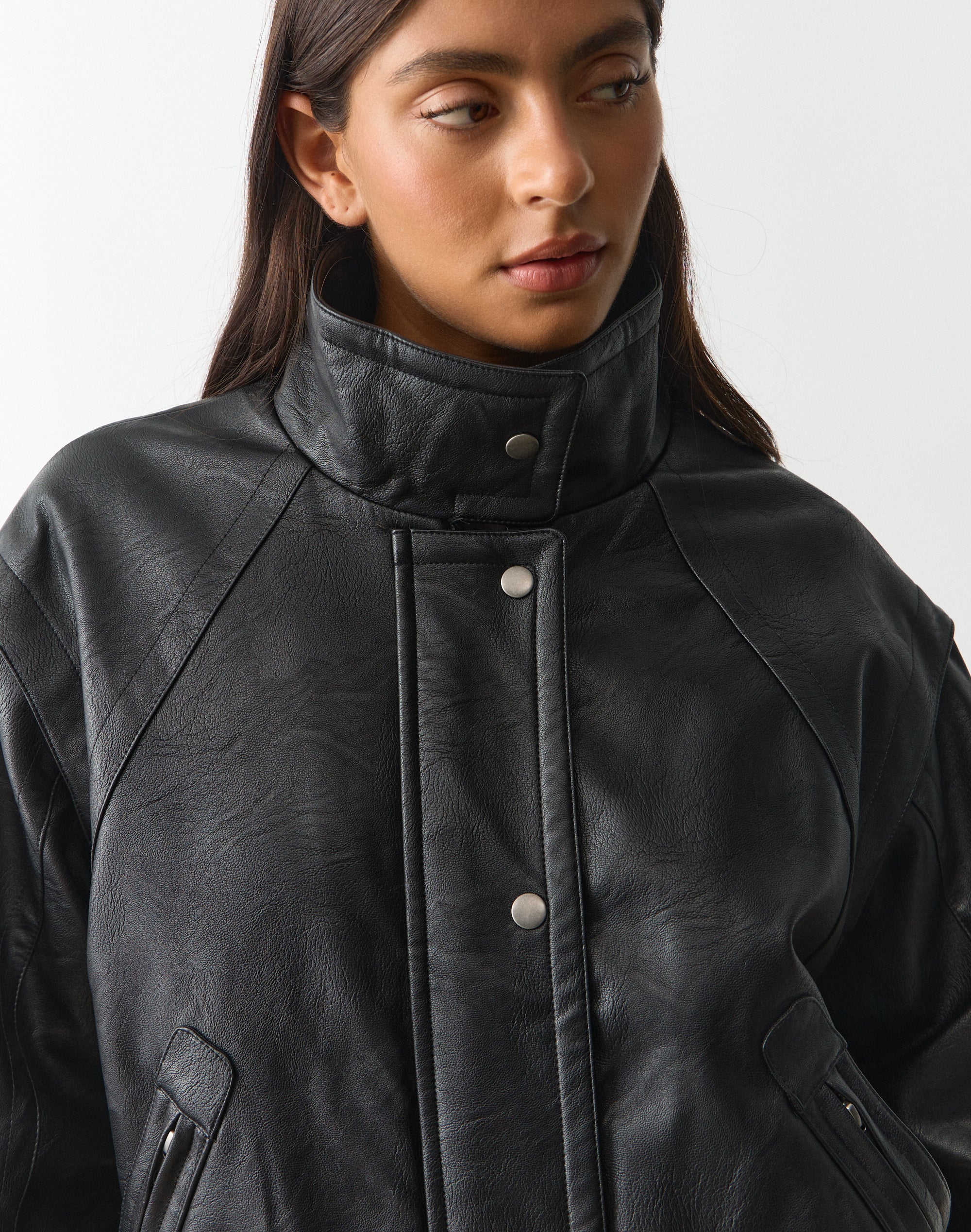 Funnel Neck Faux Leather Jacket in Black | Glassons AU