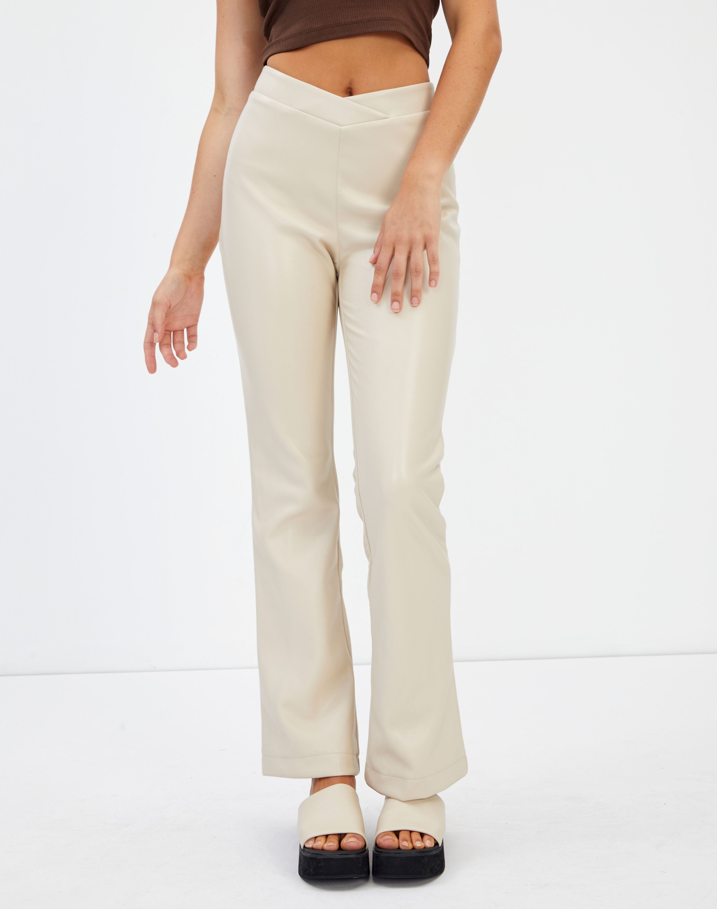 V Front Faux Leather Pant in Nude 