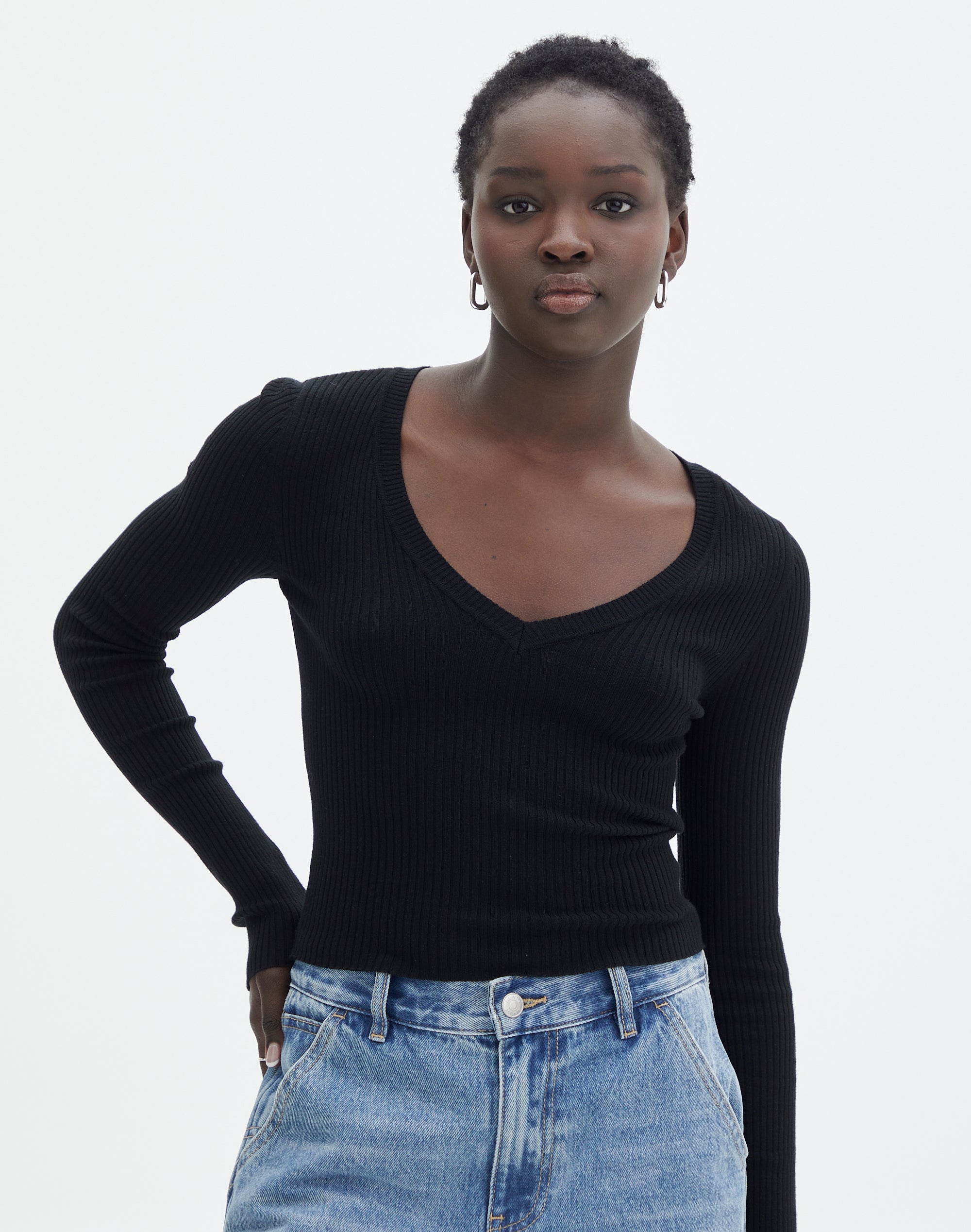 black ribbed v neck top