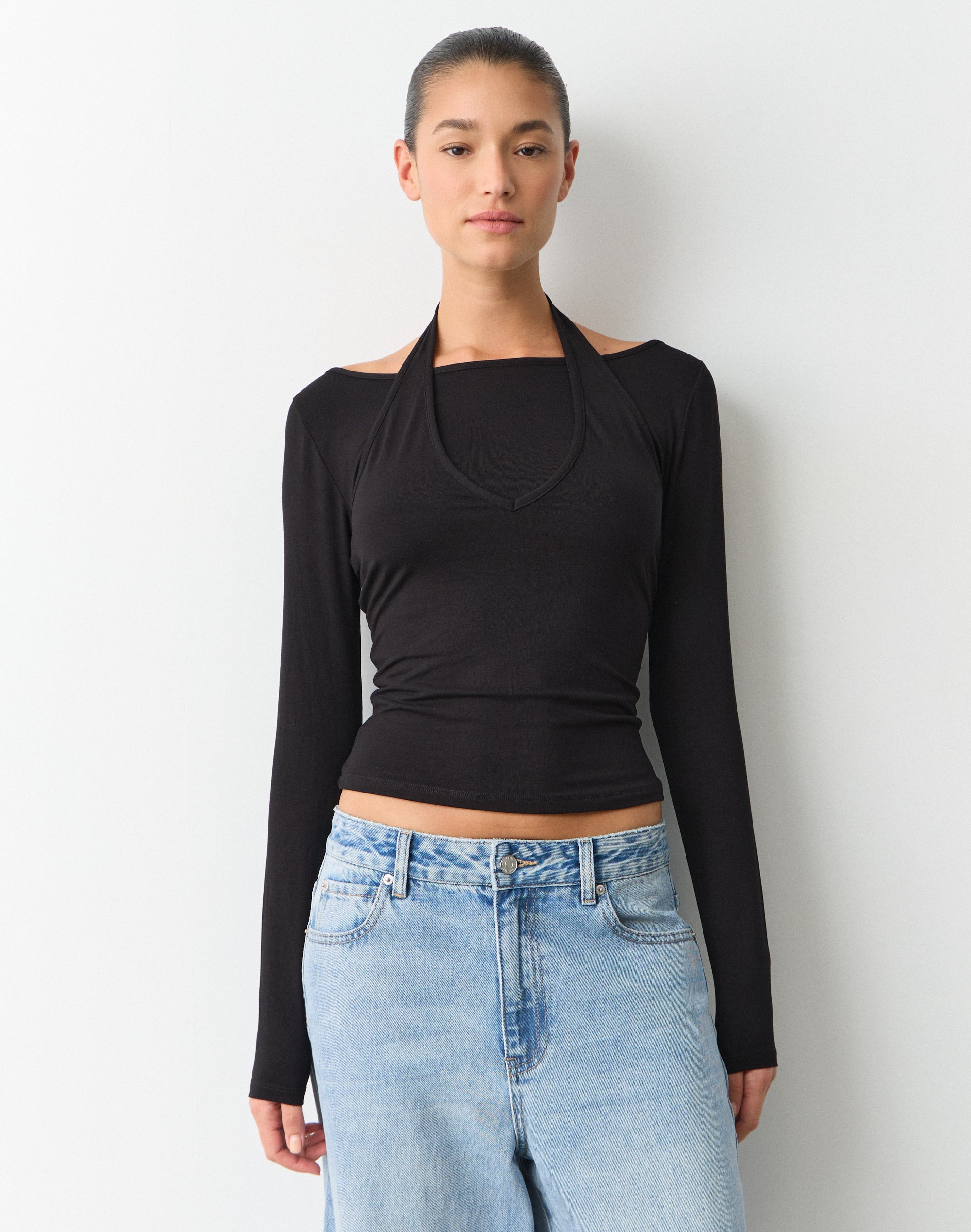 Layered Halter Long Sleeve Top in Black | Glassons AU