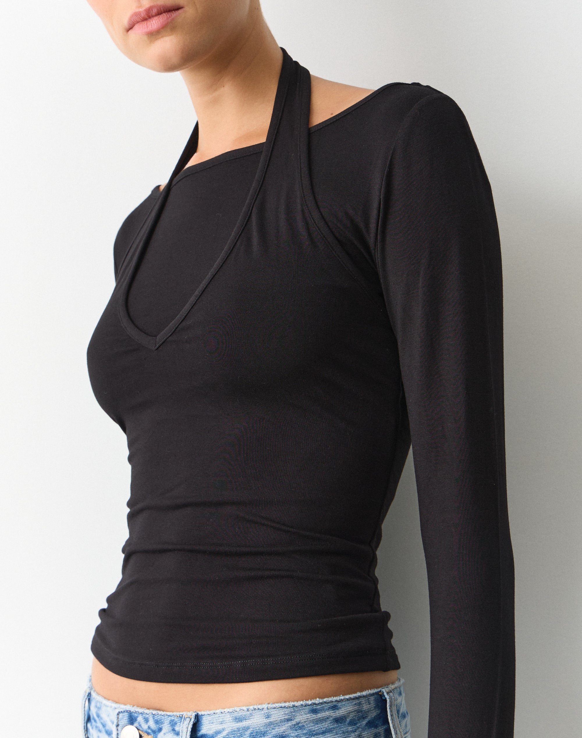 Layered Halter Long Sleeve Top in Black | Glassons US