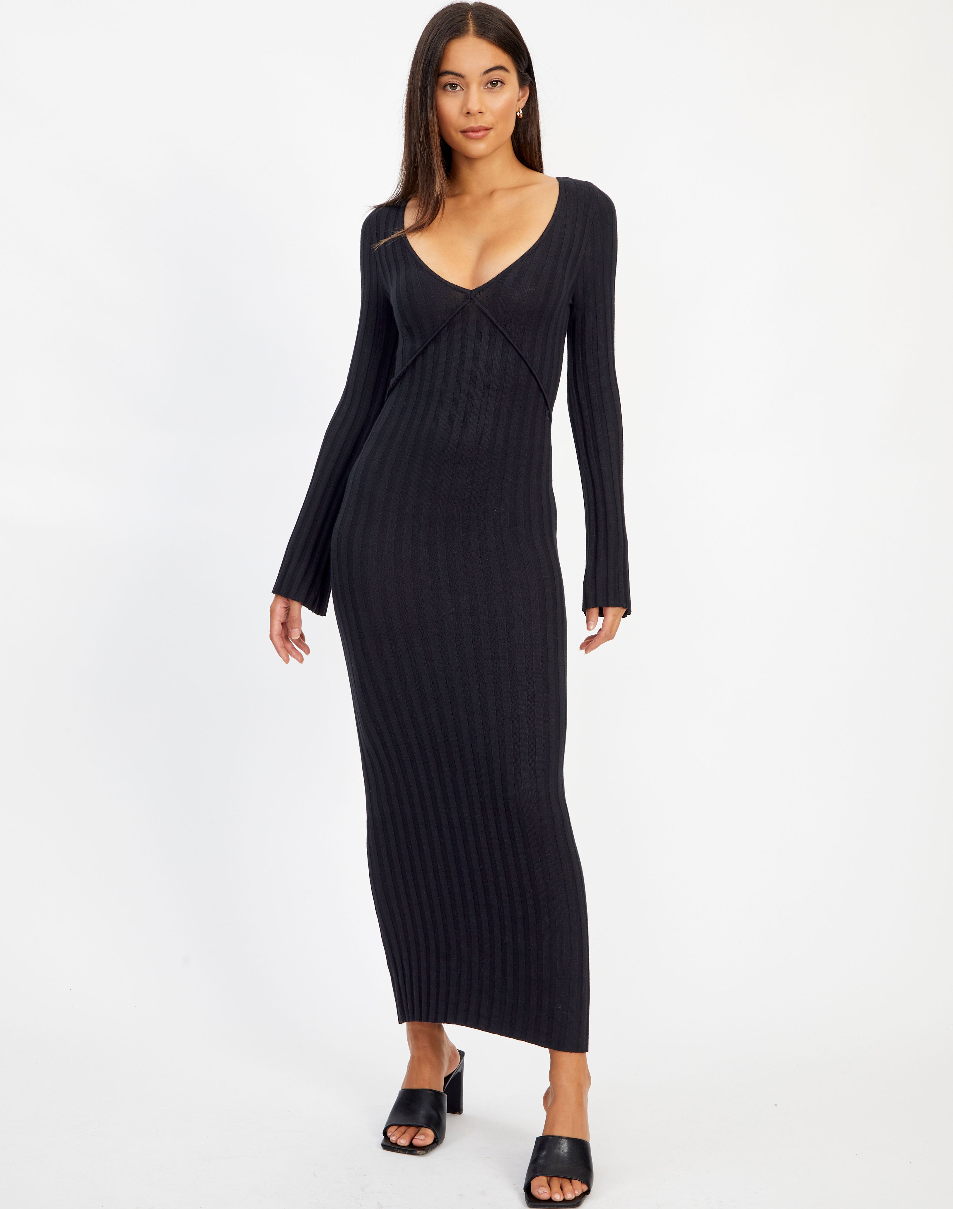 Wide Rib V Neck Long Sleeve Midi Dress 