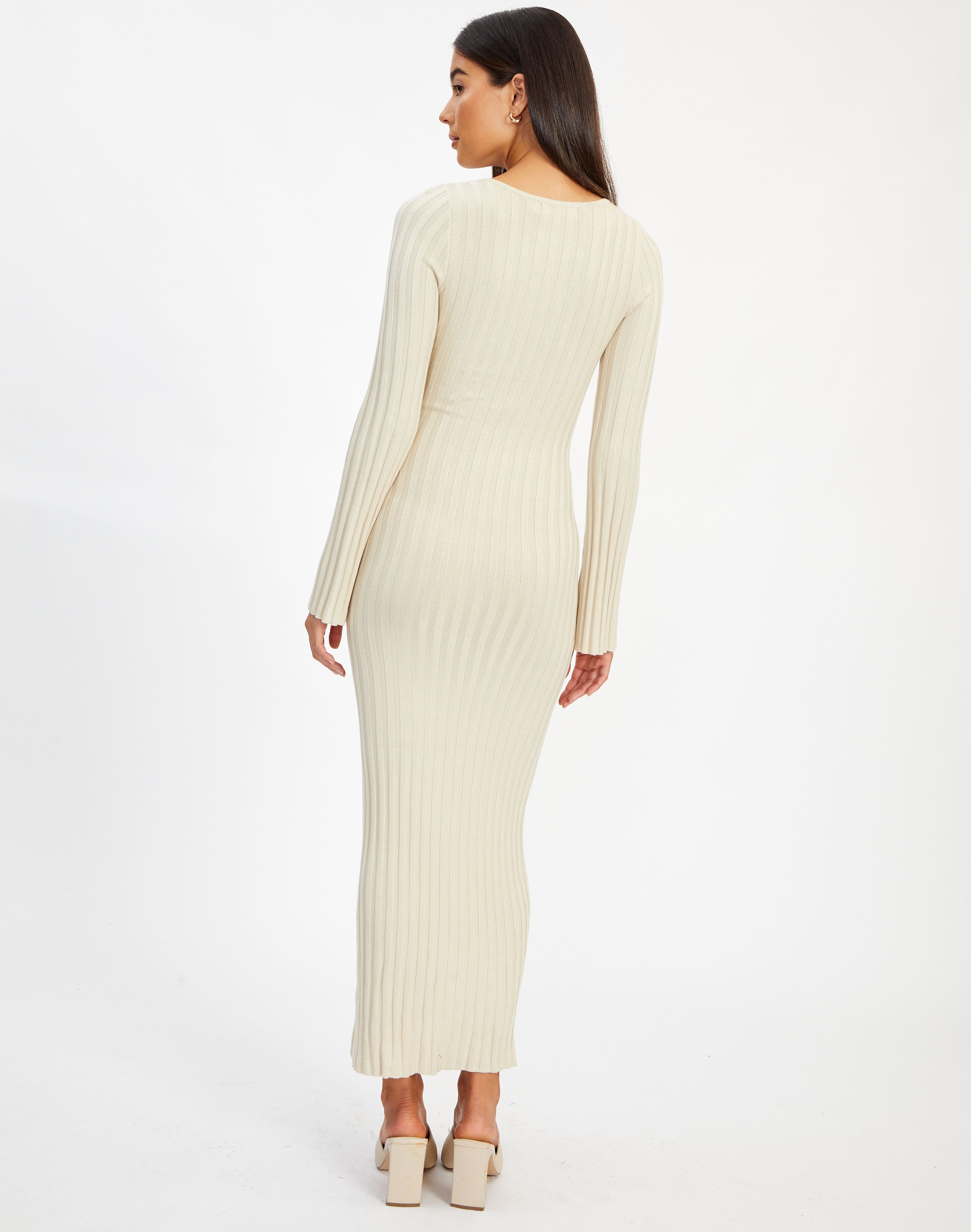 Wide Rib V Neck Long Sleeve Midi Dress 