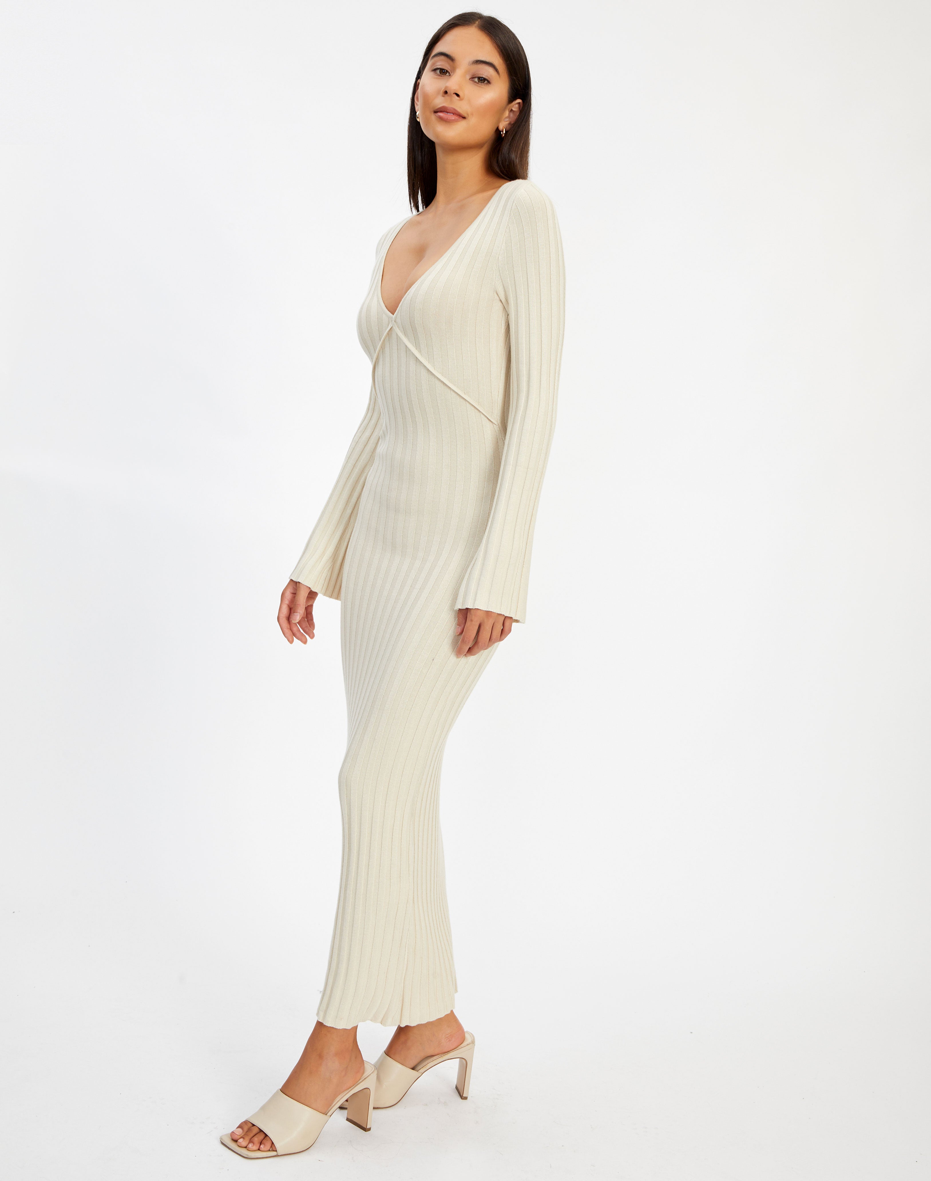 Wide Rib V Neck Long Sleeve Midi Dress 