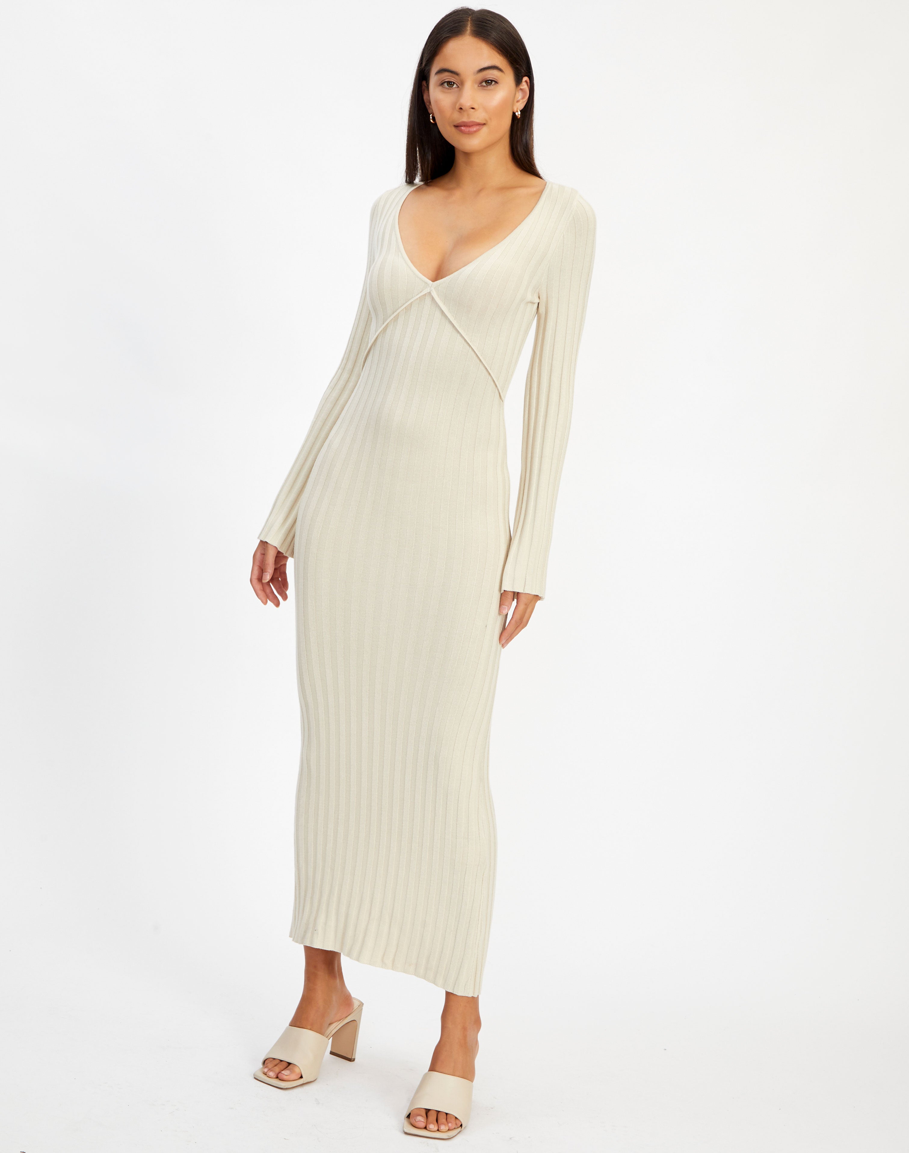 Wide Rib V Neck Long Sleeve Midi Dress 