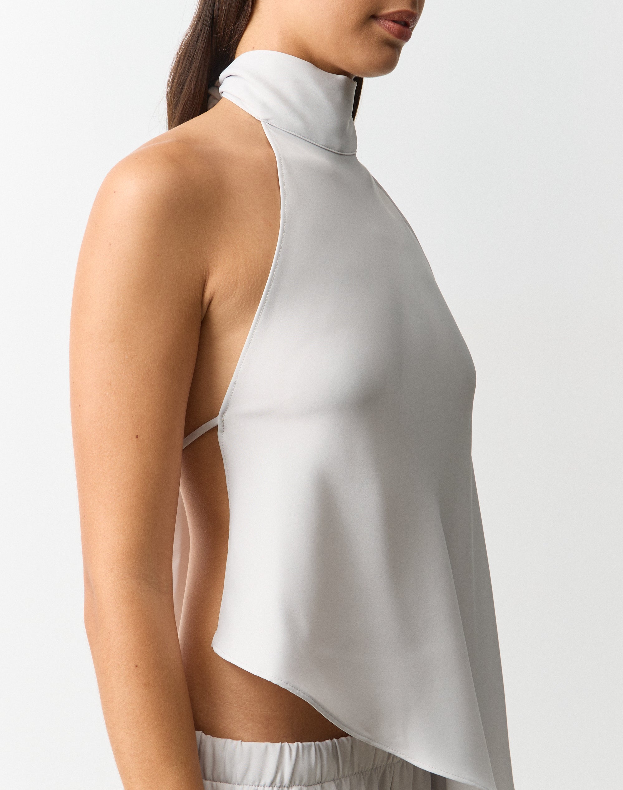 High Neck Asymmetrical Satin Blouse in Mist Opportunity | Glassons AU