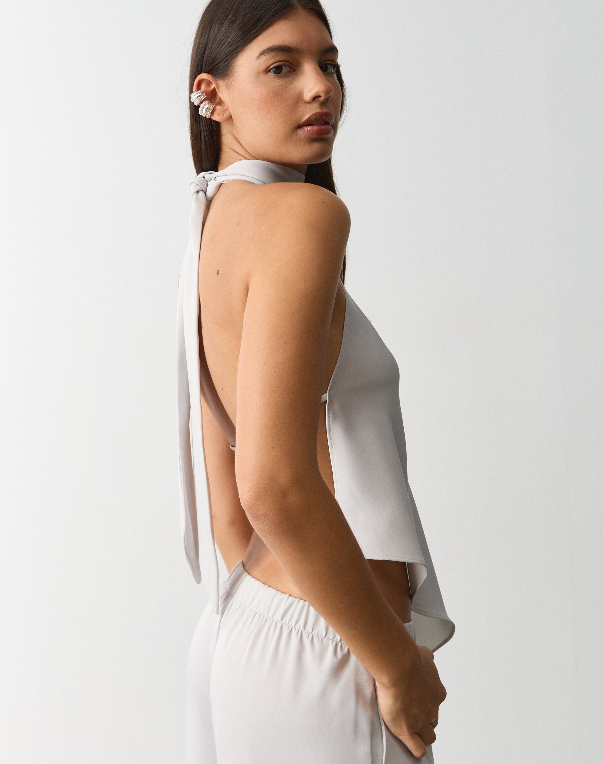 High Neck Asymmetrical Satin Blouse in Mist Opportunity | Glassons US