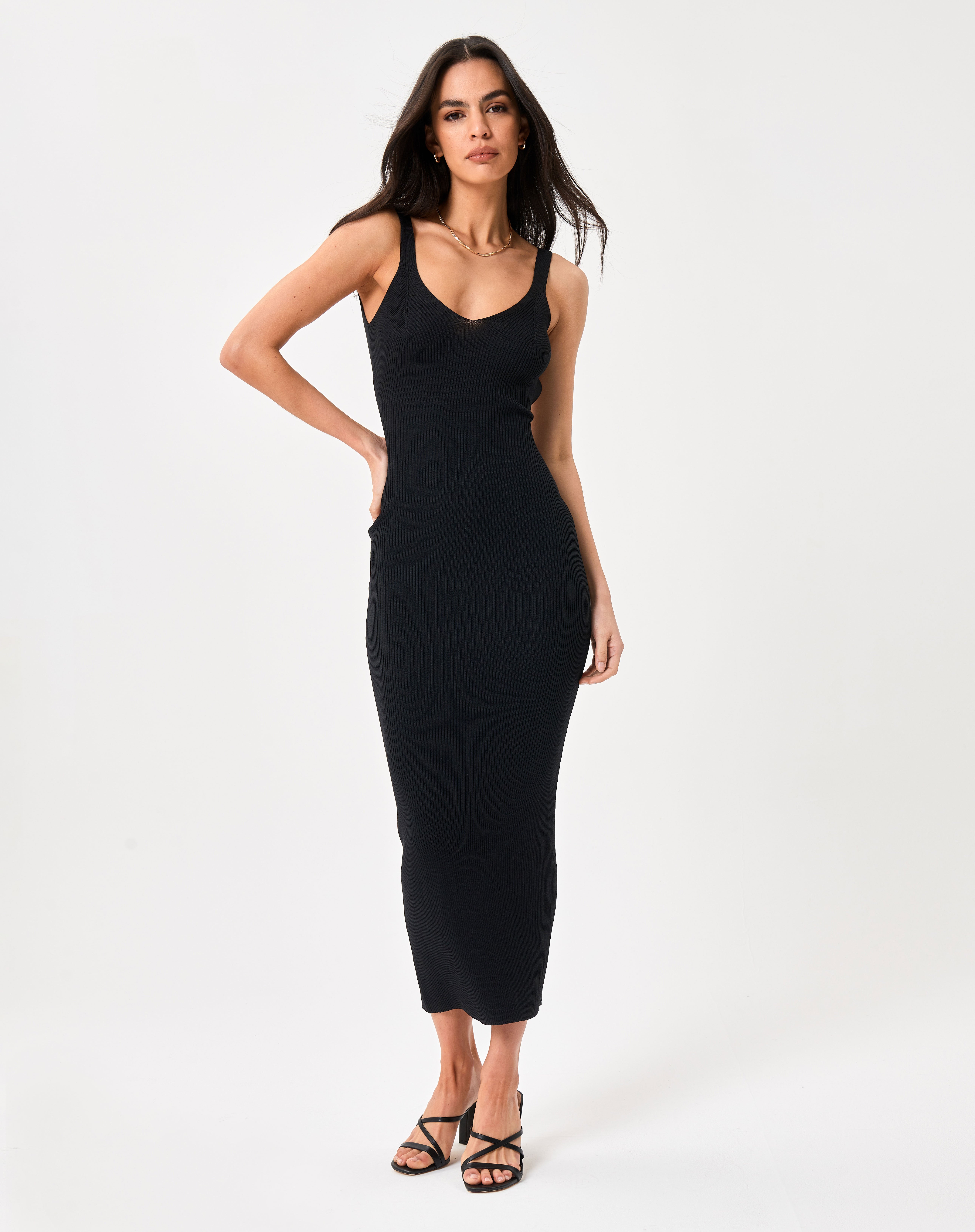 V-neck Low Back Knit Midi Dress in 
