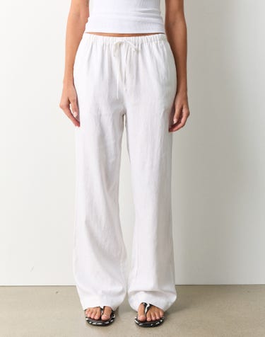 Linen Blend Tie Waist Relaxed Pant in White | Glassons AU