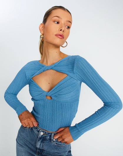 Twist Front Cut Out Long Sleeve Knit Top in Blue | Glassons