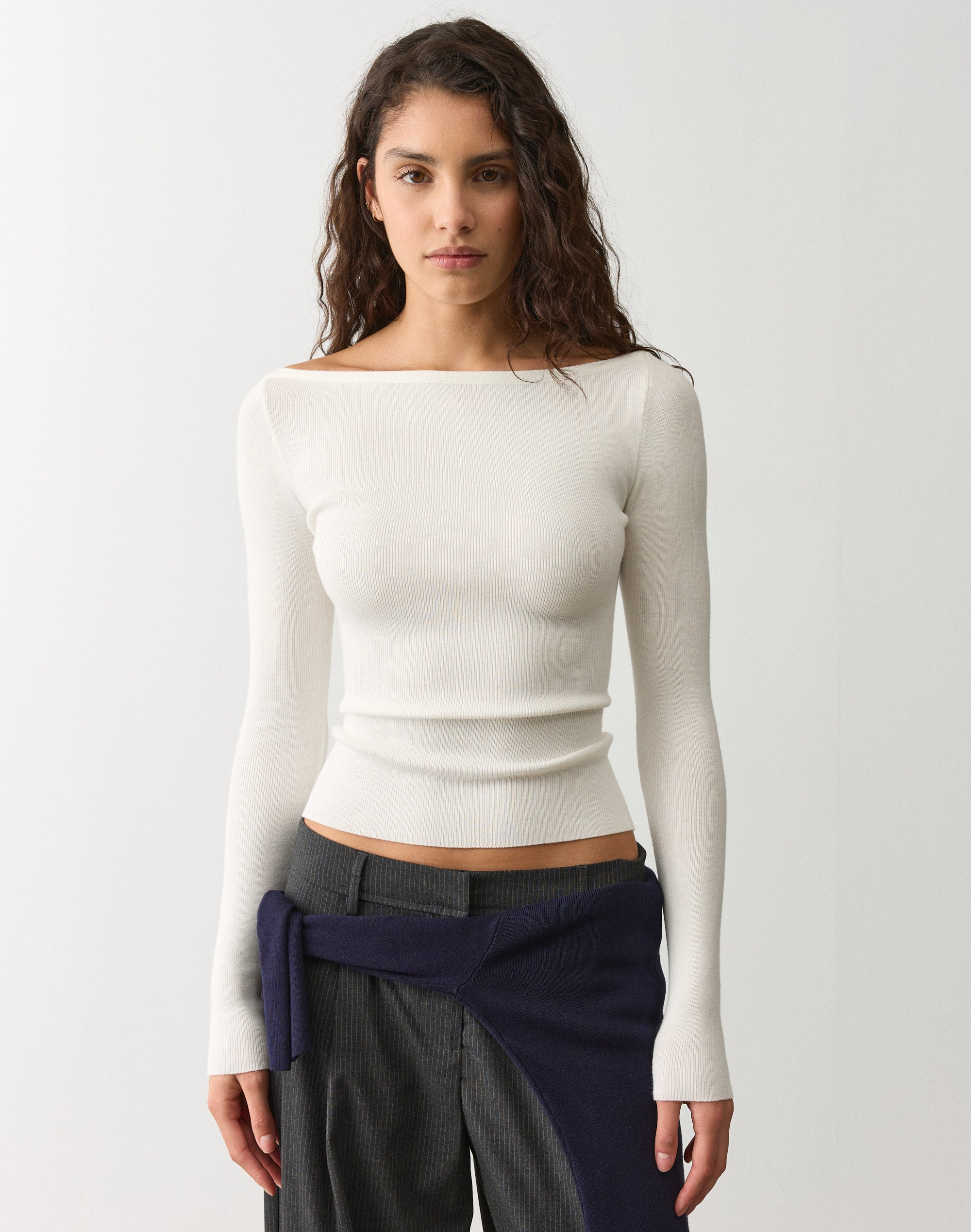 Off Shoulder Rib Waist Knit Top in Milk | Glassons US