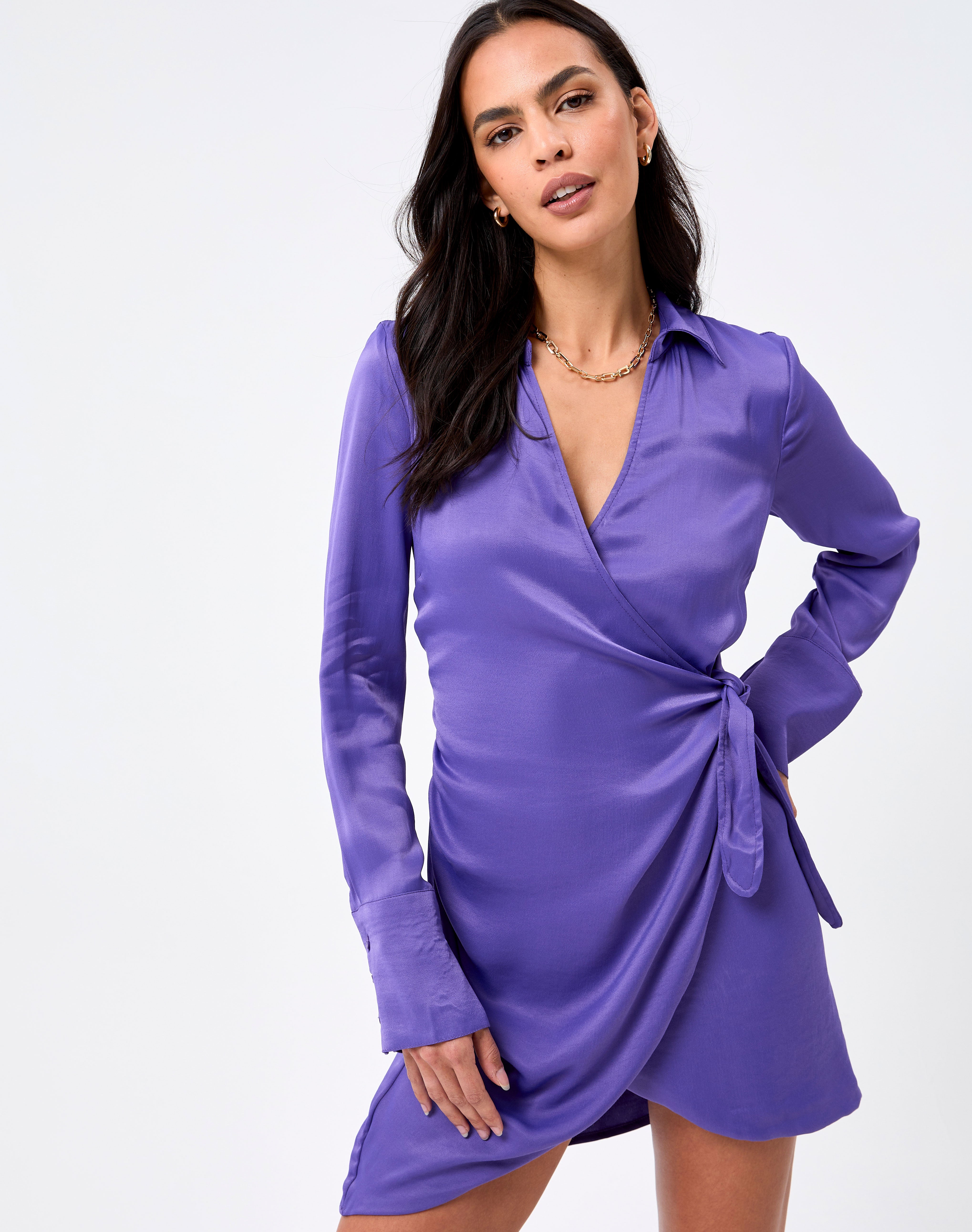 Satin Wrap Long Sleeve Mini Dress in Purple | Glassons