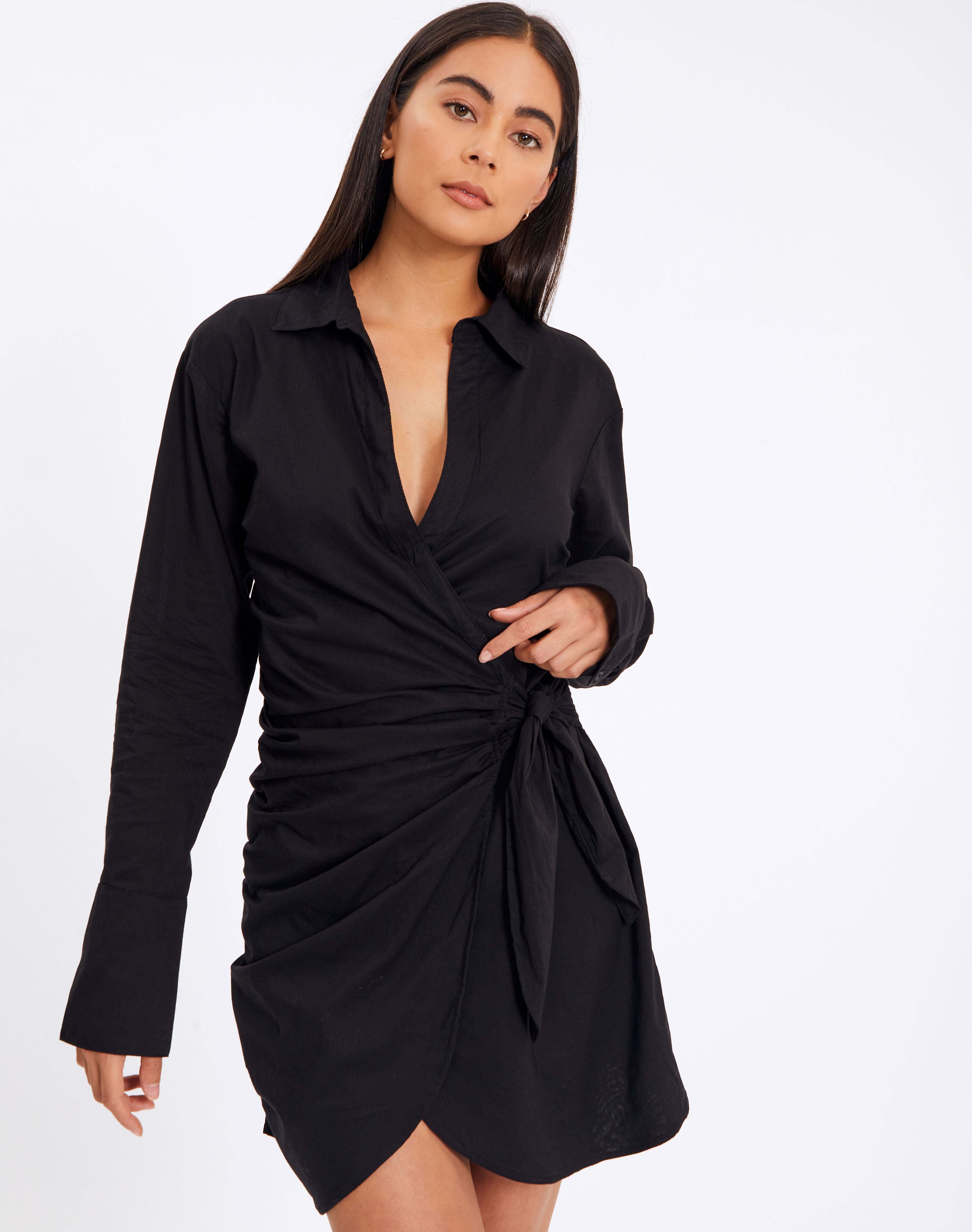 Collared Wrap Mini Dress in Black 