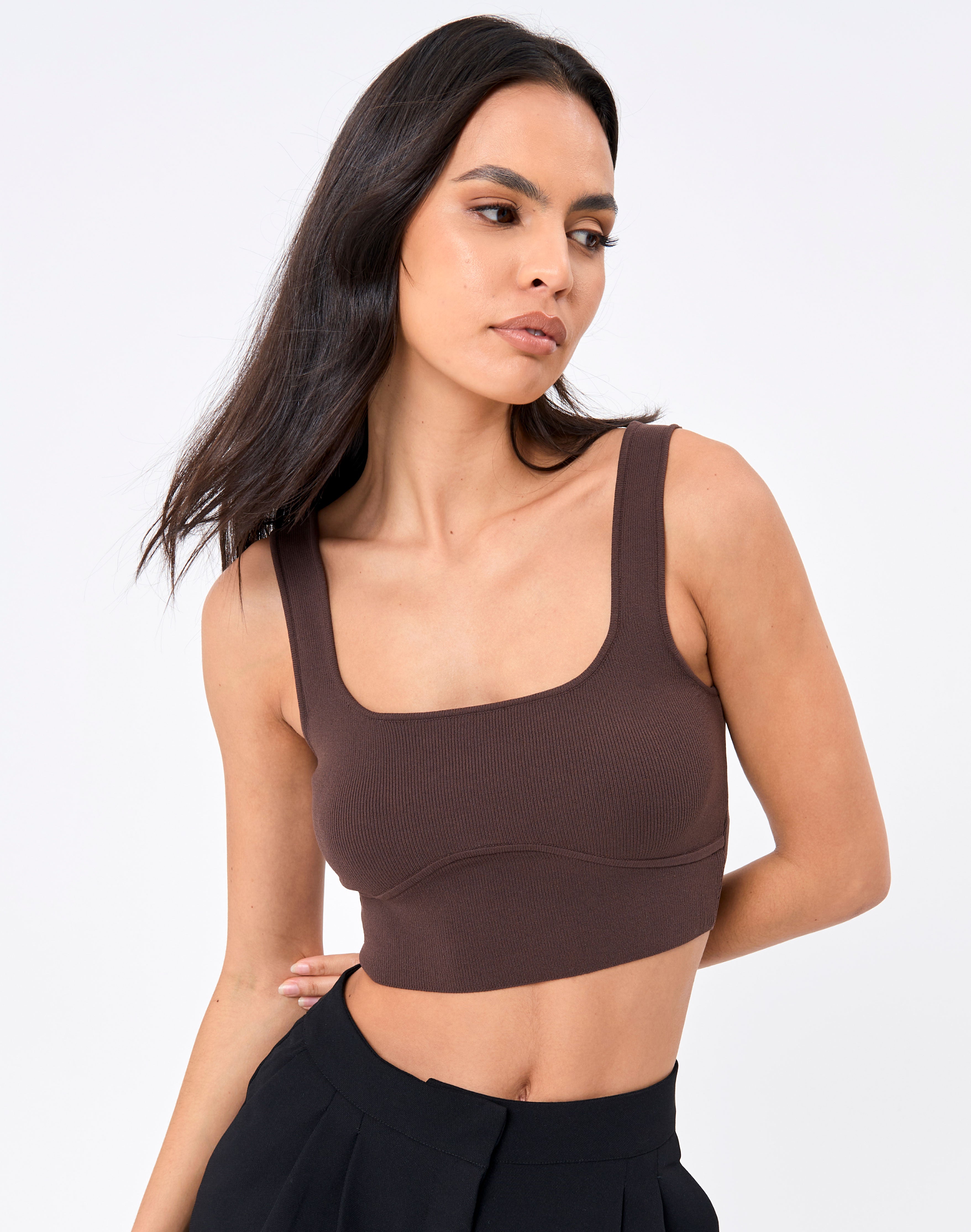 Scoop Rib Knit Tank in Brown | Glassons