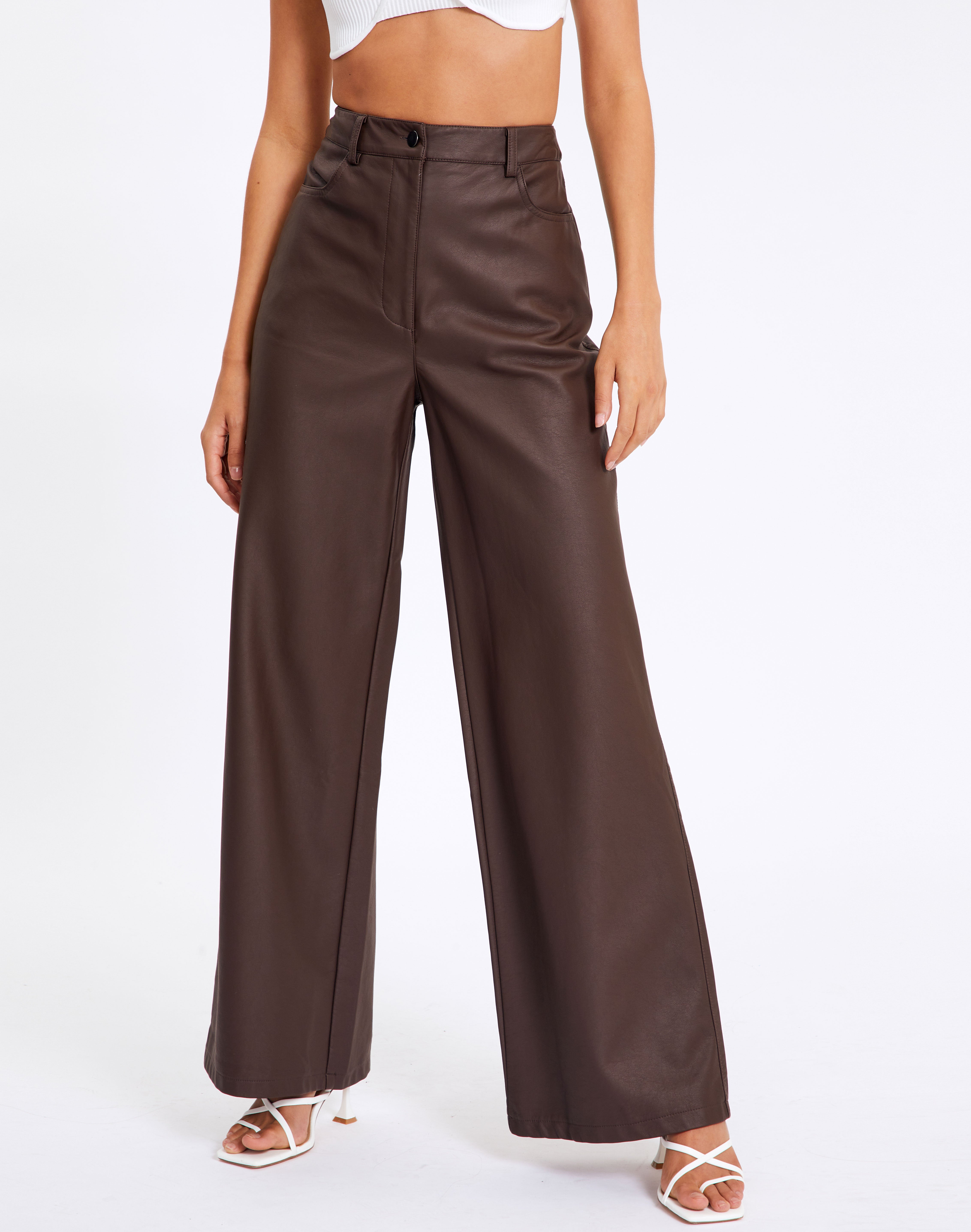 Faux Leather Wide Leg Pant in Brown 