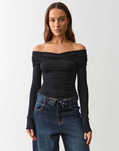Twist Off Shoulder Long Sleeve Top
