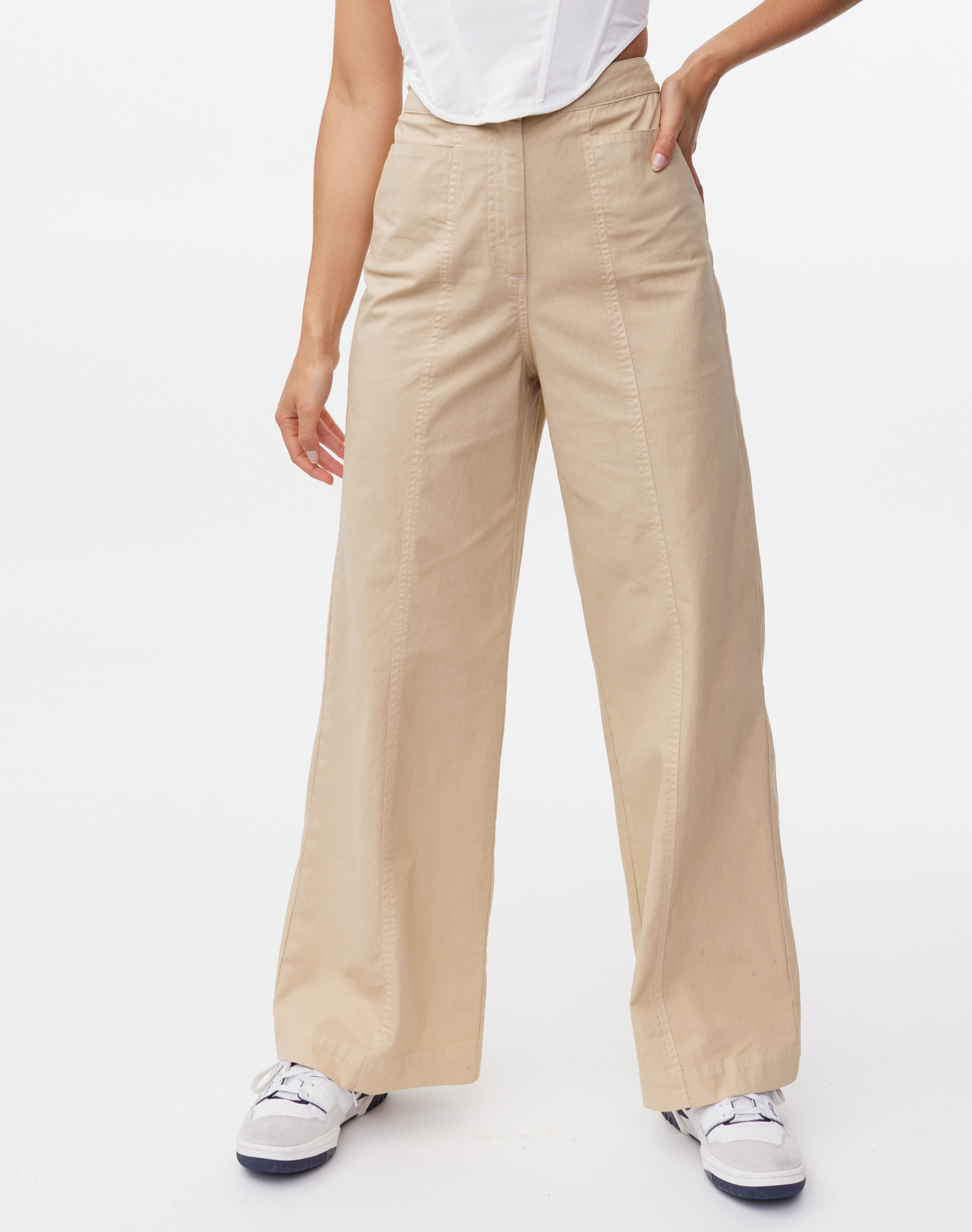 Wide Leg Panelled Pant in Beige | Glassons