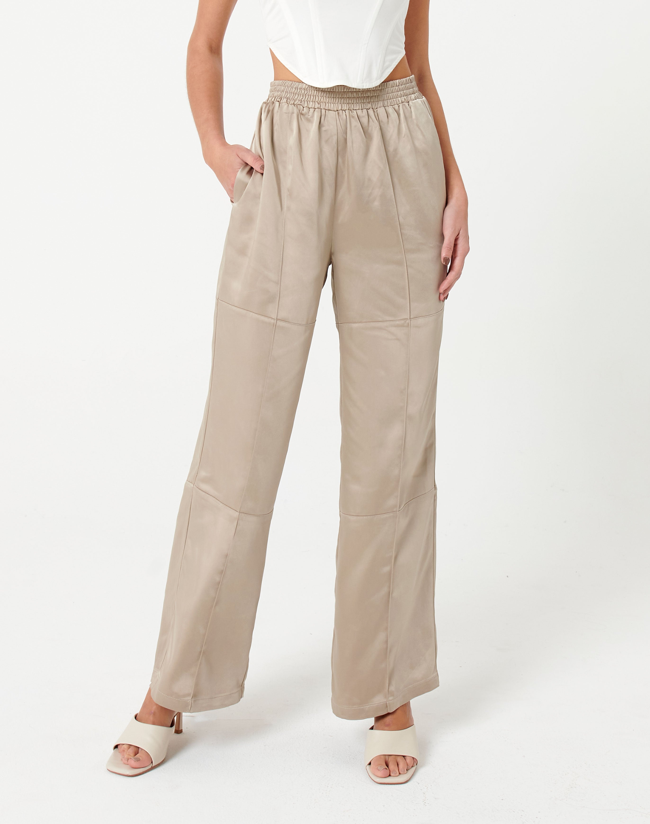 Satin Wide Leg Stitch Pant in White 