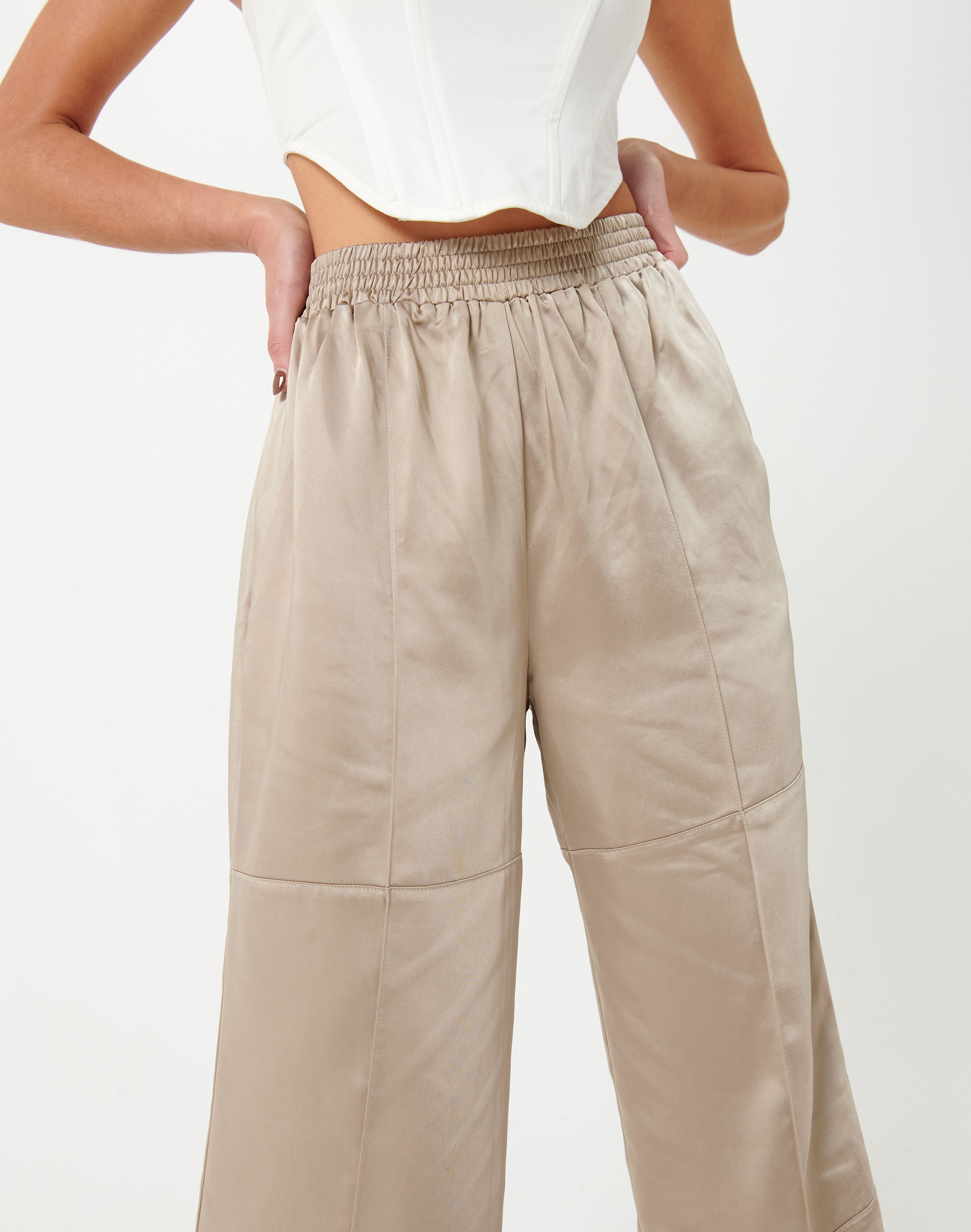 Satin Wide Leg Stitch Pant in White 
