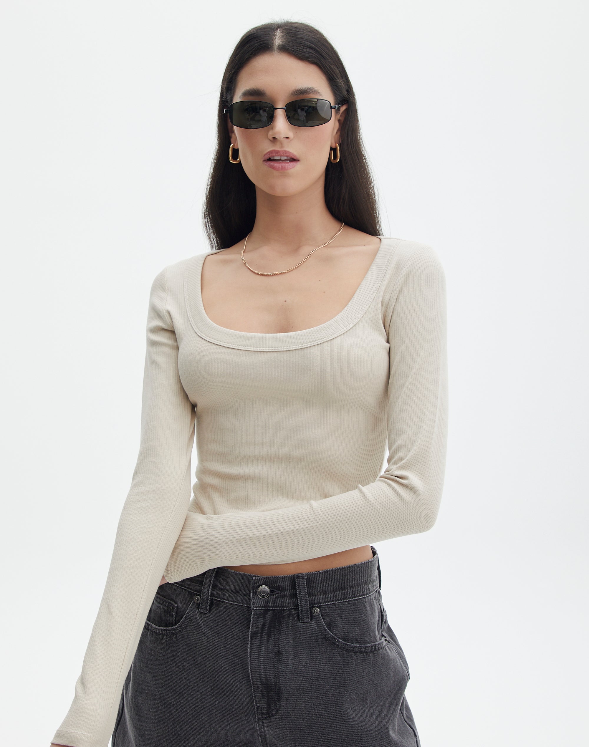 Cotton Scoop Neck Long Sleeve Top in What The Shell