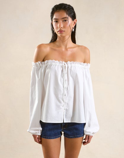 Broderie Poplin Off Shoulder Top