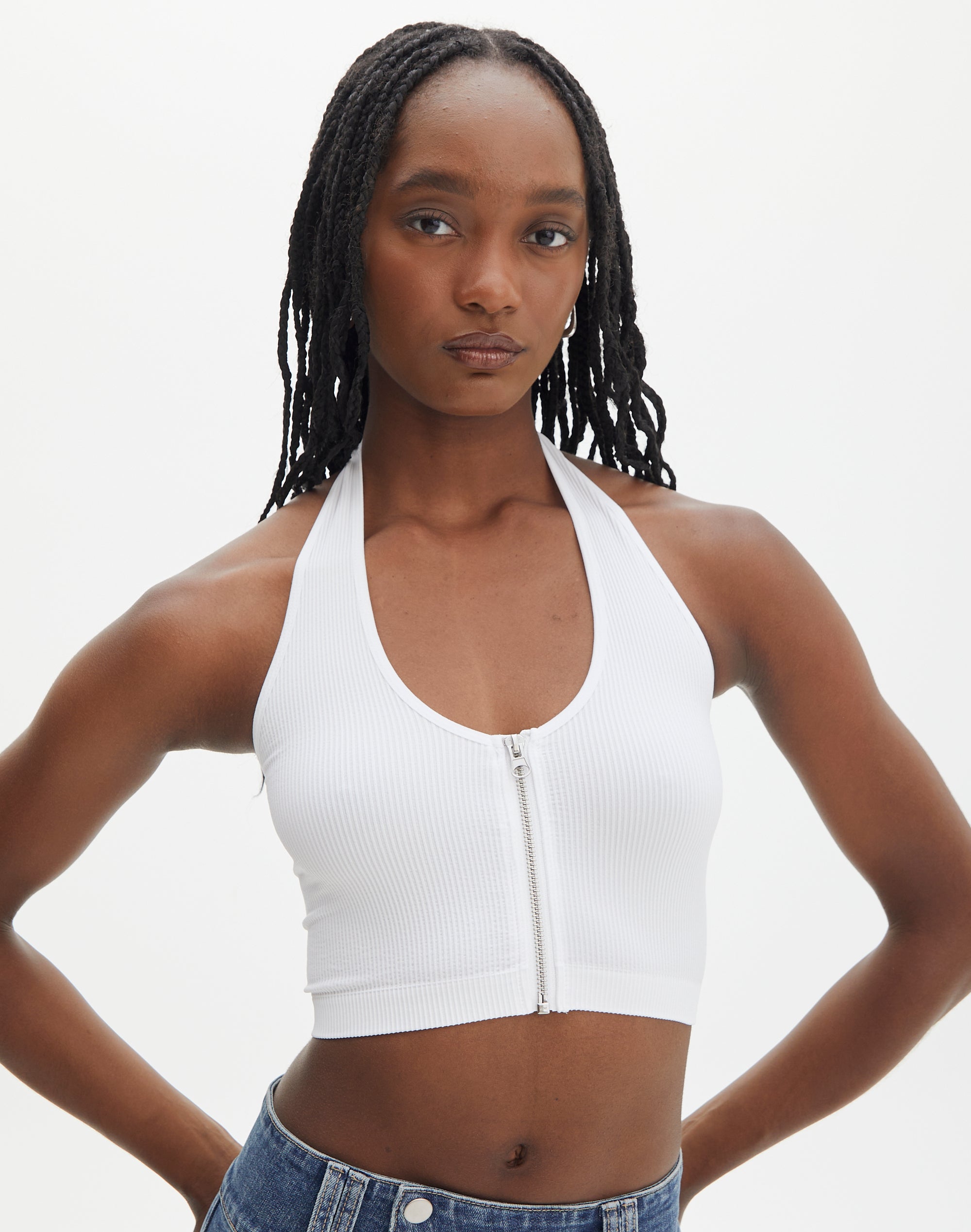 Seamless Zip Up Halter Top in White