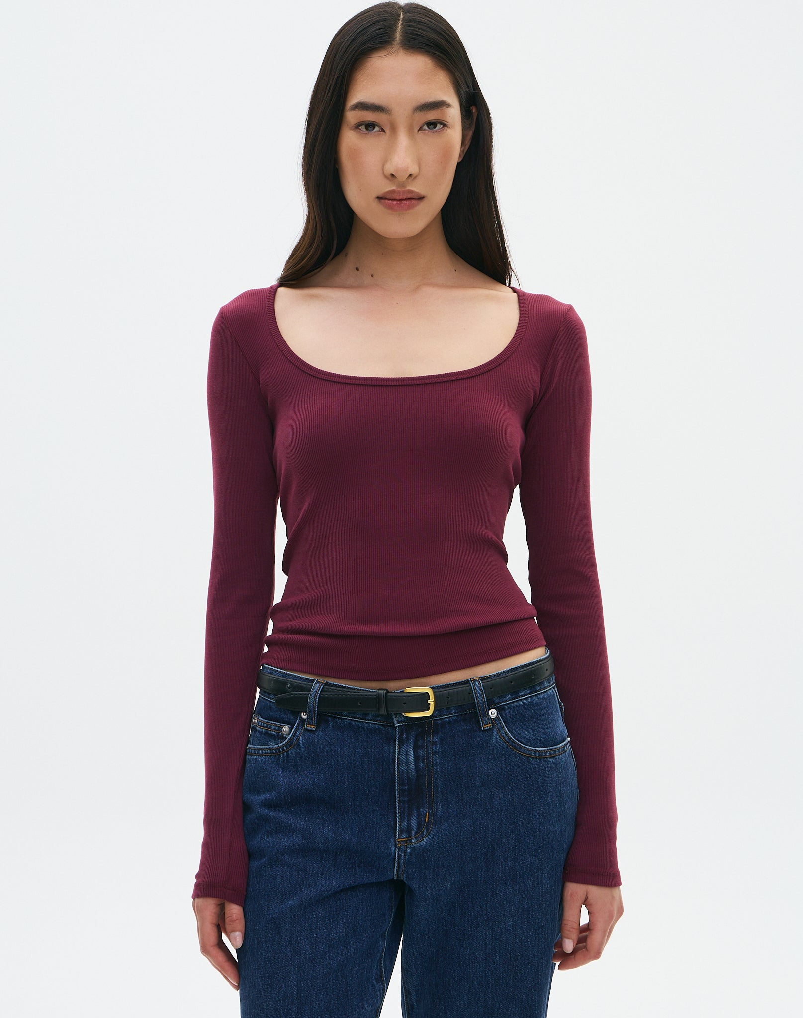 Cotton Rib Scoop Longsleeve Top in Moody Plum | Glassons US