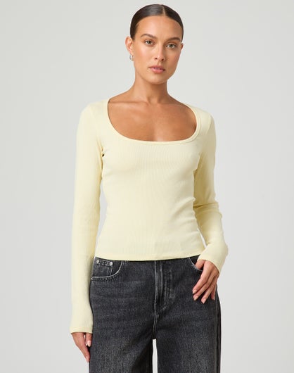 Buttermilk Mini Rib Scoop Neck Button Layering Top