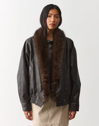 Faux Leather Fur Trim Bomber Jacket