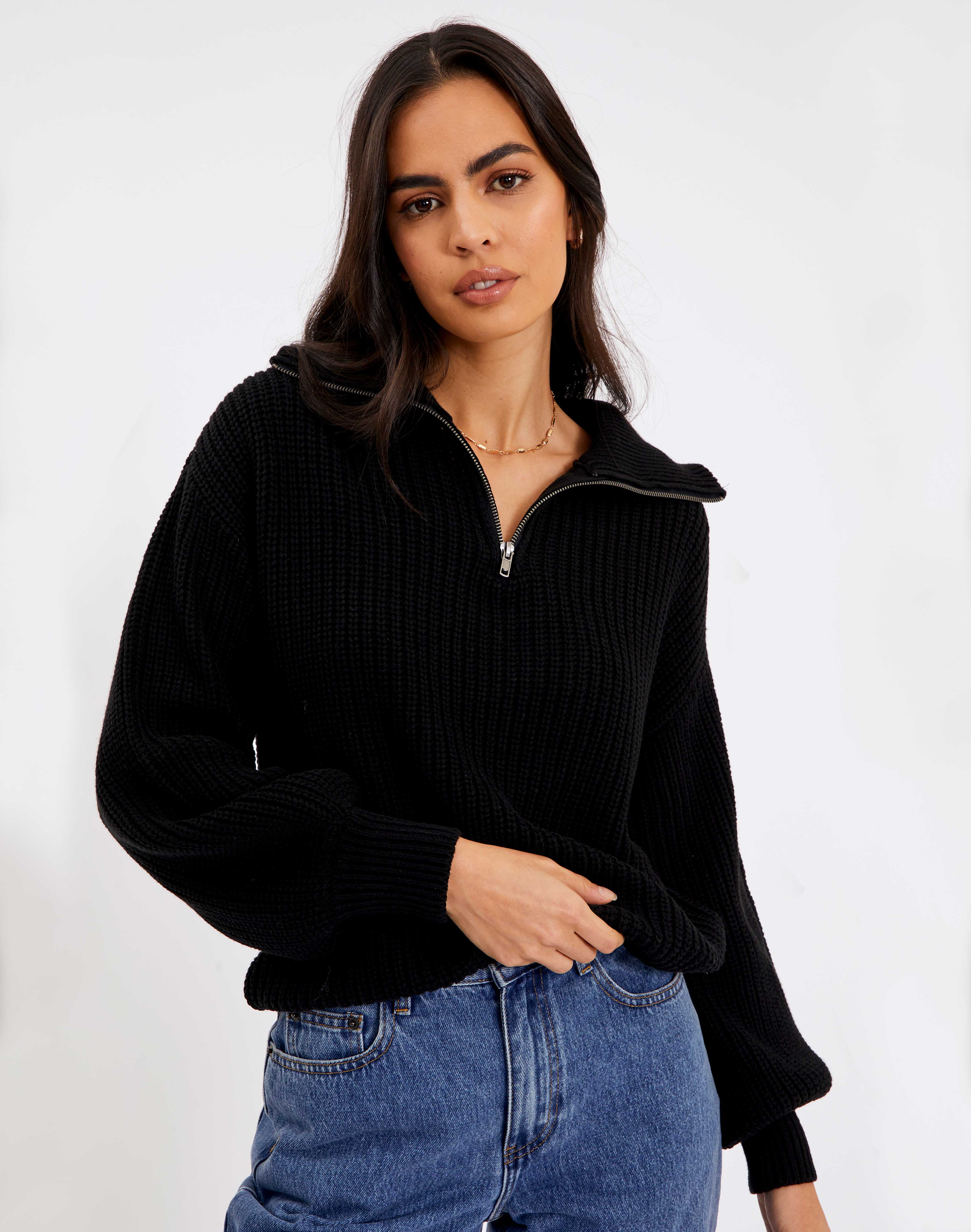 Collared Zip Balloon Sleeve Knit Top in 