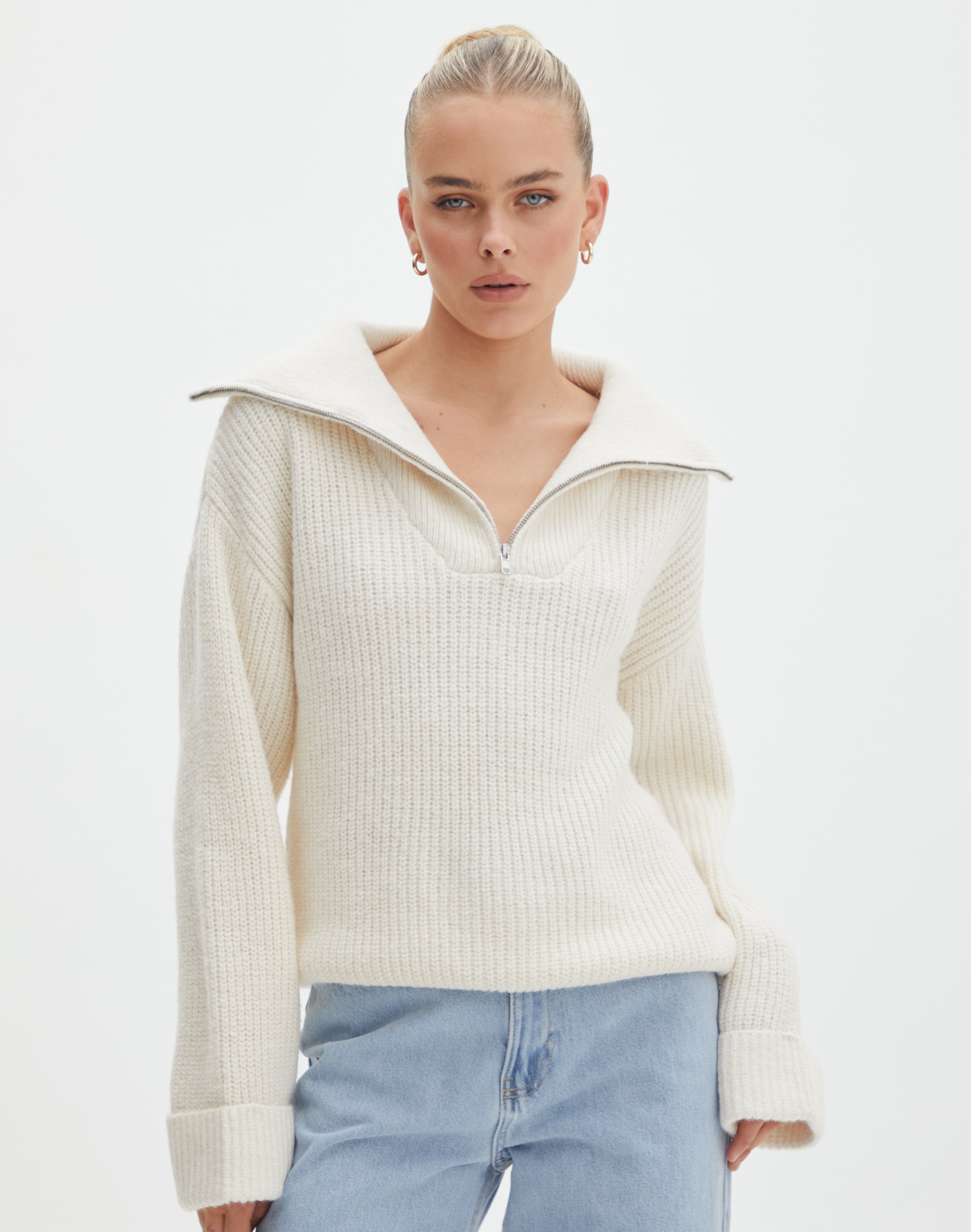 Oversized Quarter Zip Knit Jumper in Nude | Glassons