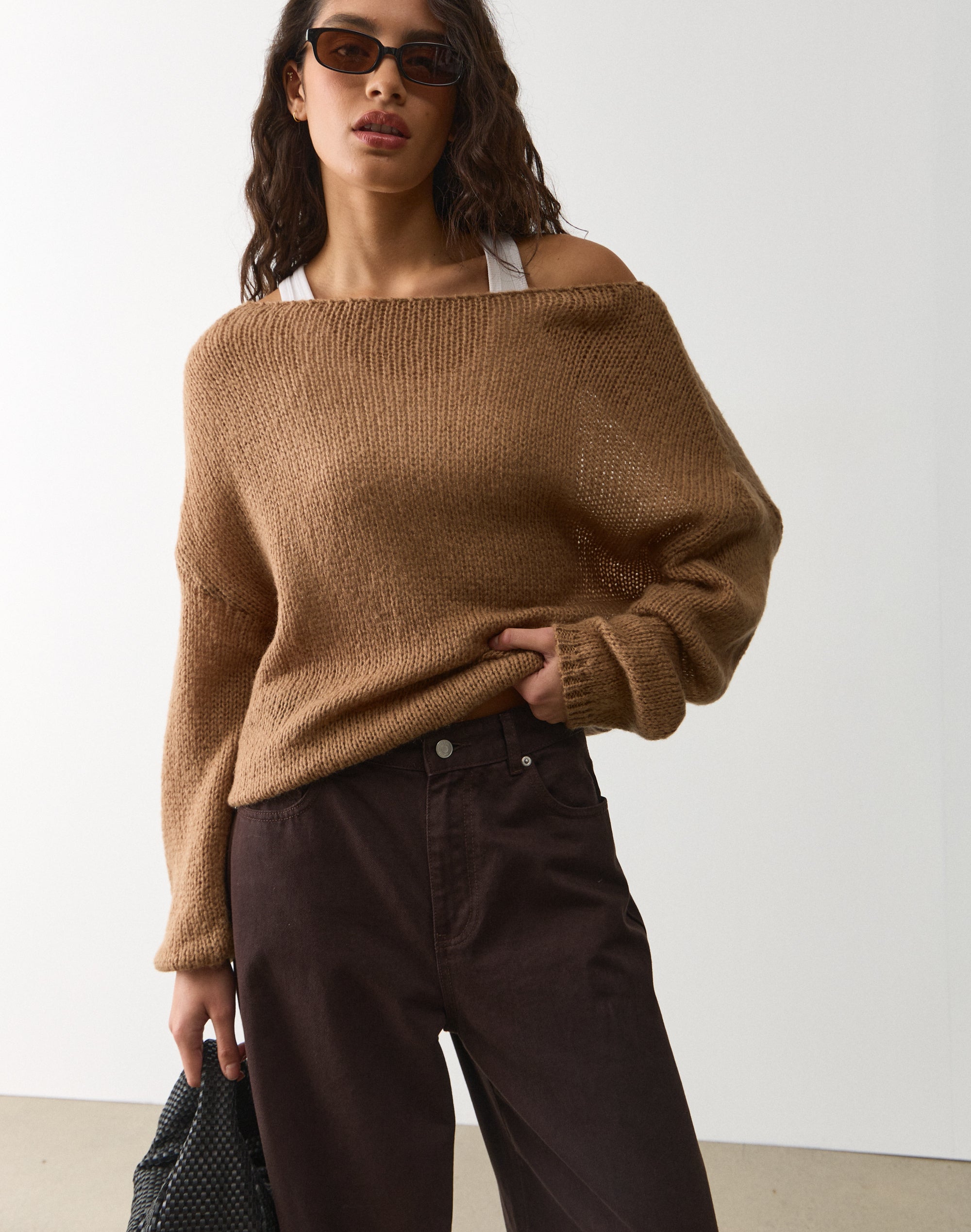 Relaxed Knit Off Shoulder Jumper in Tobacco
