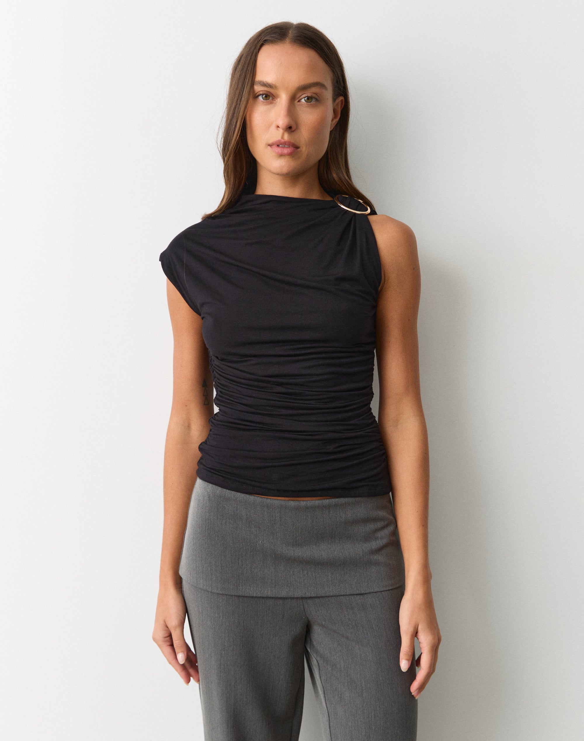Boat Neck Cinched Waist Top in Black | Glassons US