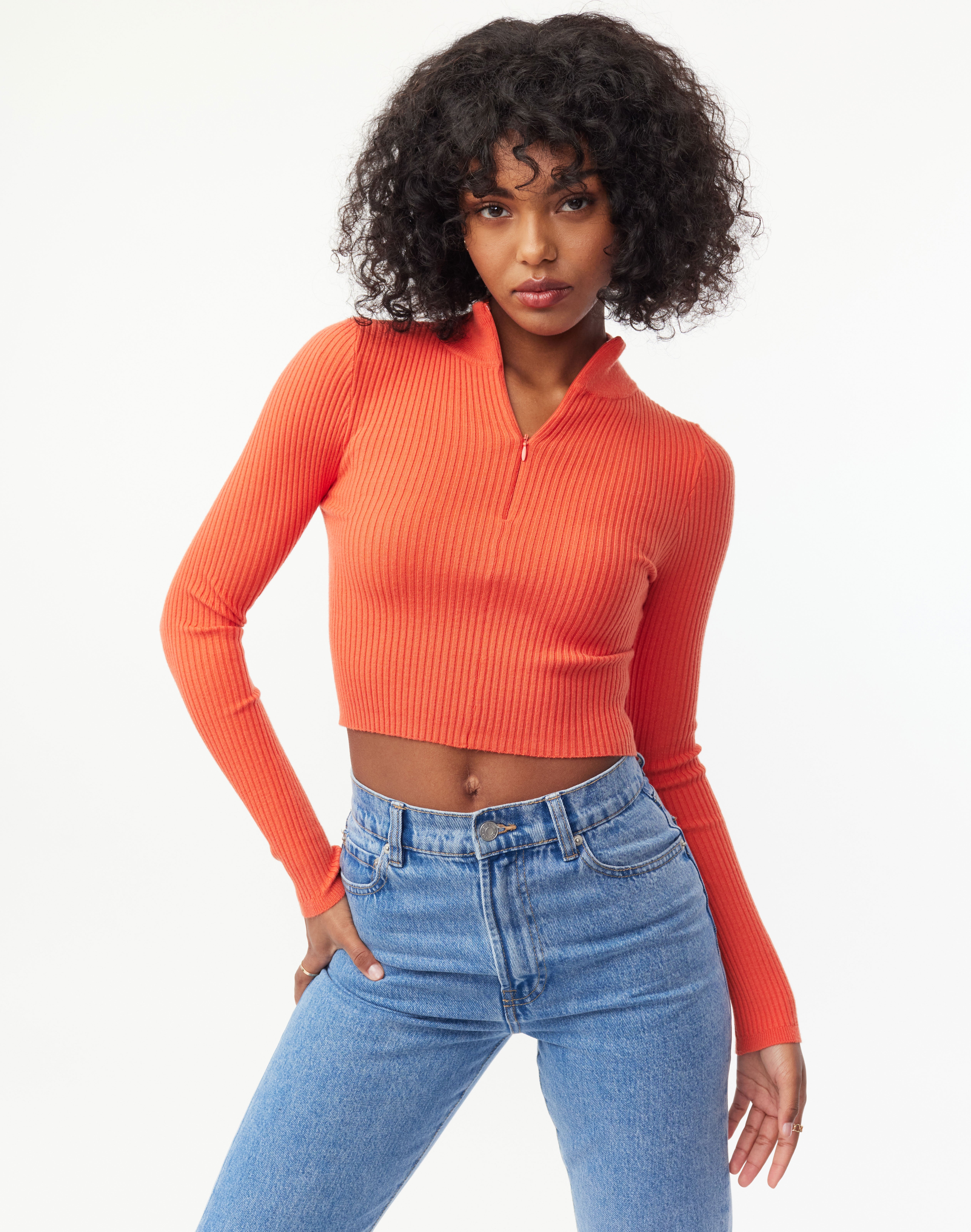 Ribbed Zip Front Long Sleeve Cropped Knit Top